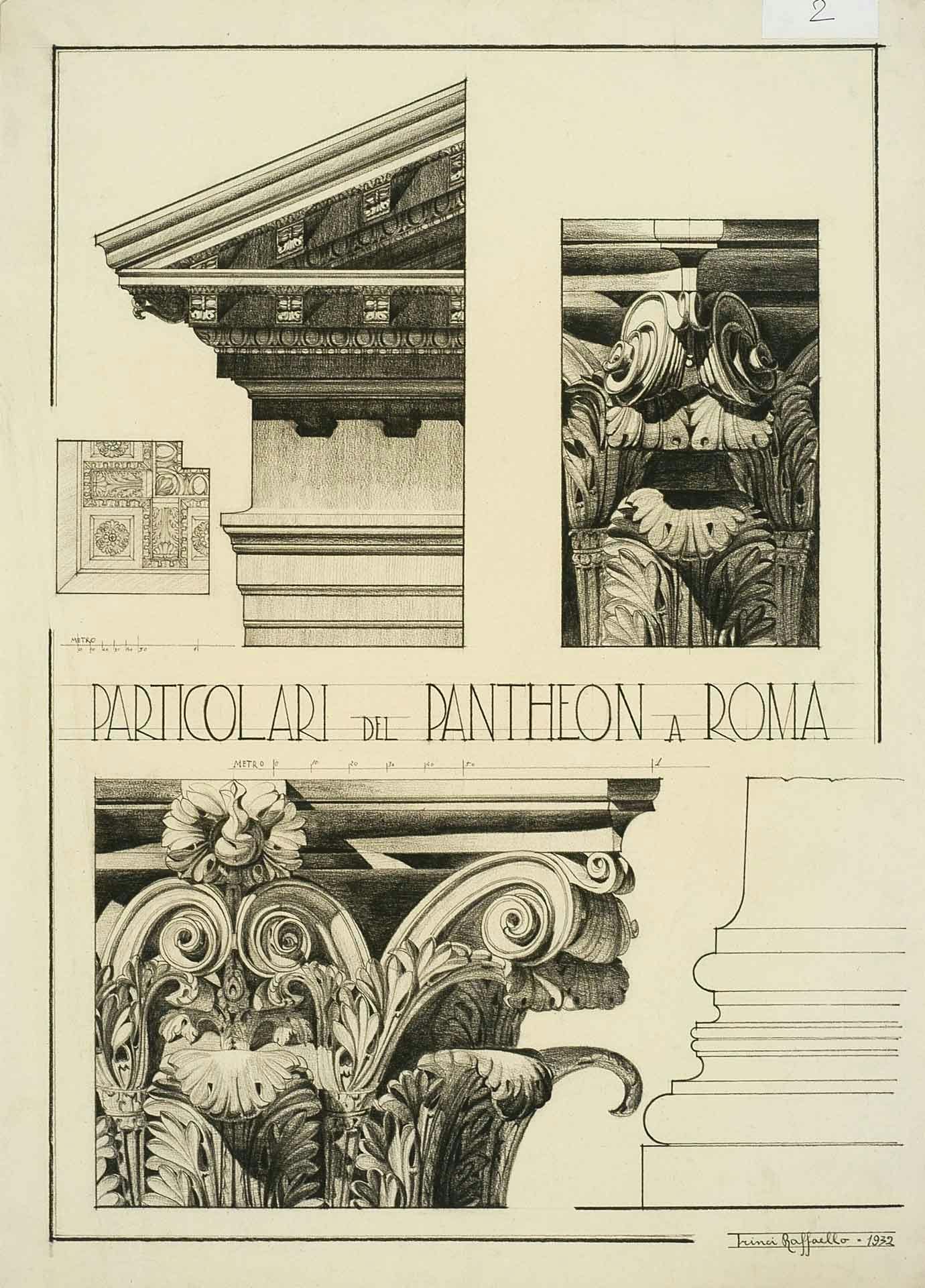 Raffaello Trinci Pantheon a Roma, particolari china e matita su carta, 1932, 72x52