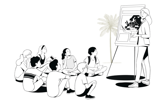 Illustration of children sitting at feet of teacher with flipchart