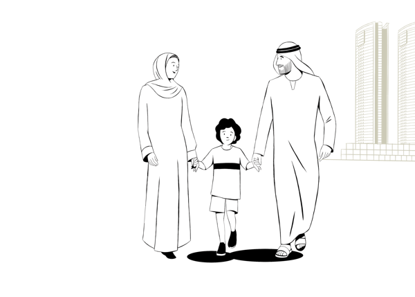 Illustration of Emirati family walking and holding hands