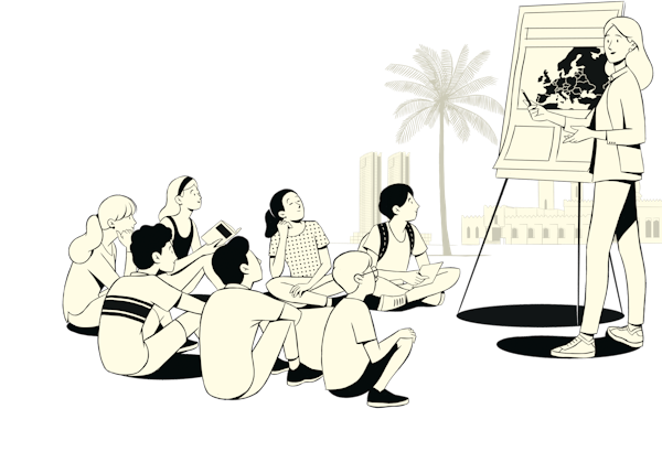 Illustration of children sitting at feet of teacher with flipchart