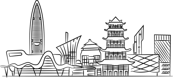 Illustration of a skyline featuring a montage of distinctive Asian and Western building styles