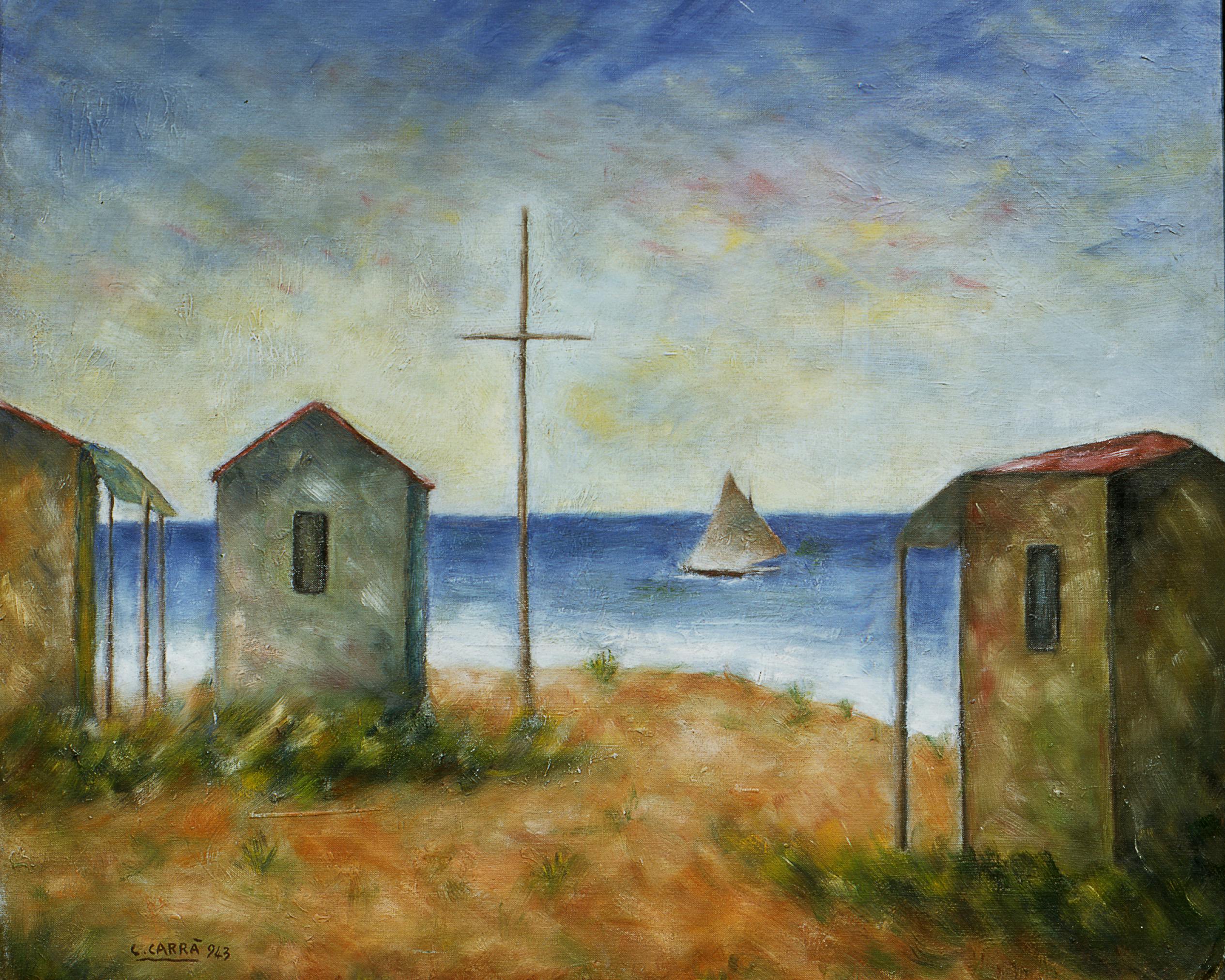 Carlo Carrà, Capanni sulla riva, 1943