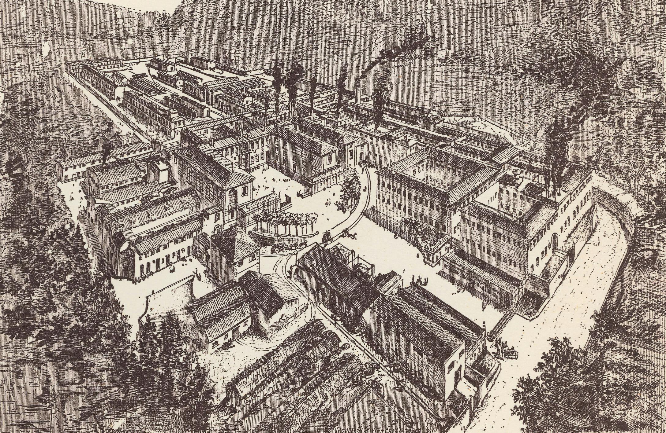 Veduta d'insieme degli edifici e delle ciminiere della Manifattura di Doccia