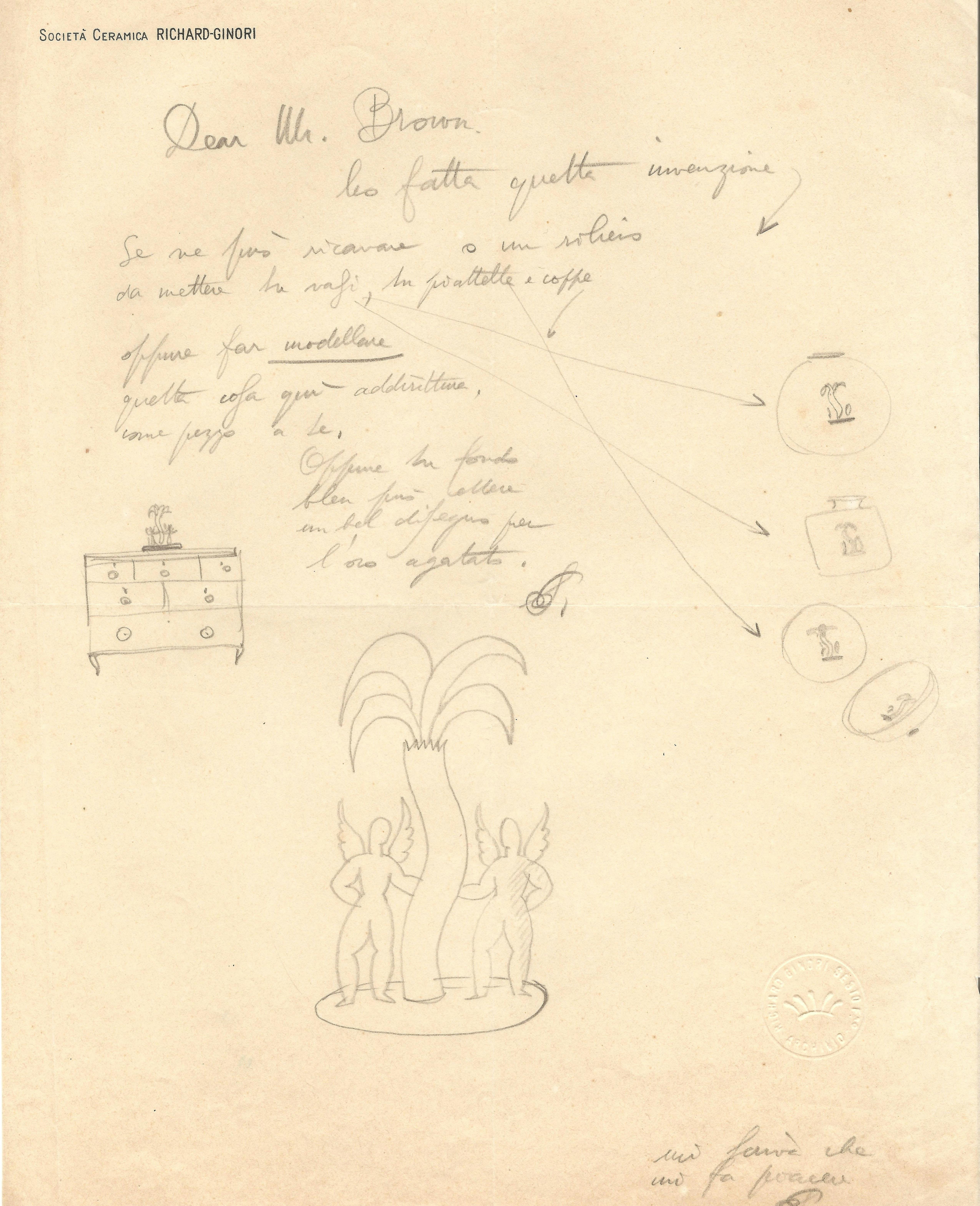 La lettera include scritte autografe e il disegno di una palma, con indicazione del suo posizionamento