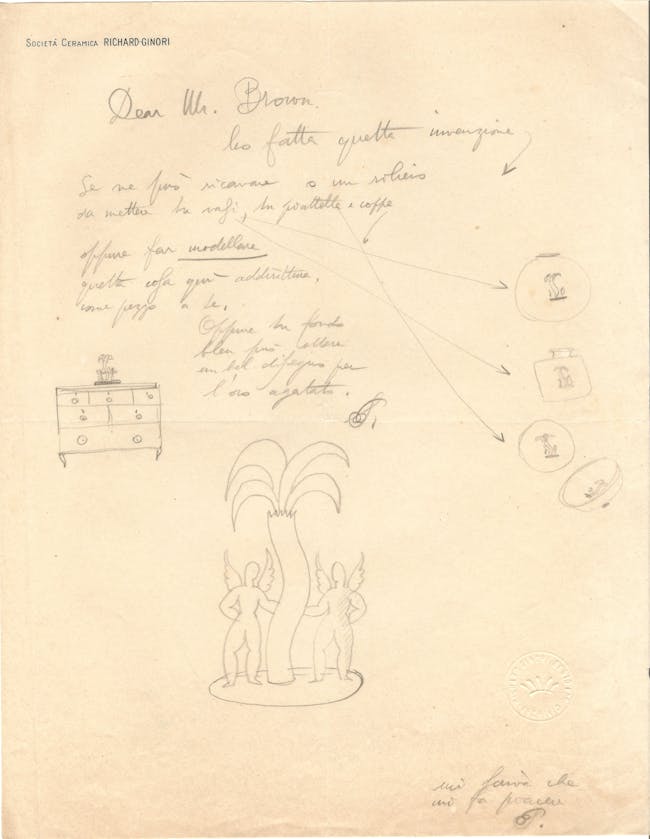 La lettera include scritte autografe e il disegno di una palma, con indicazione del suo posizionamento