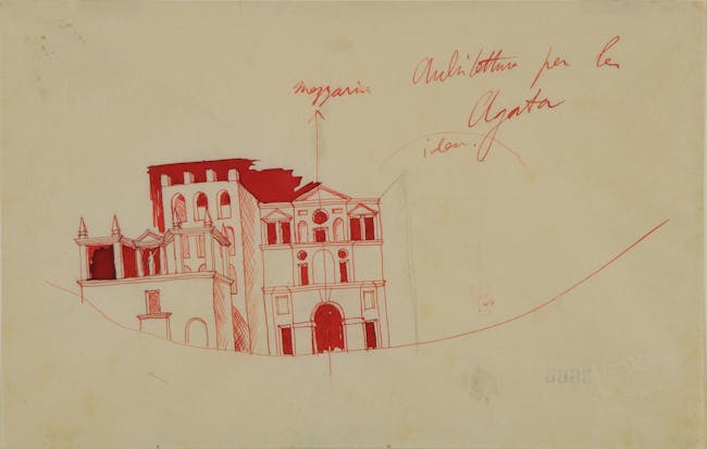 Disegno in rosso con architetture di fantasia e note autografe di Gio Ponti