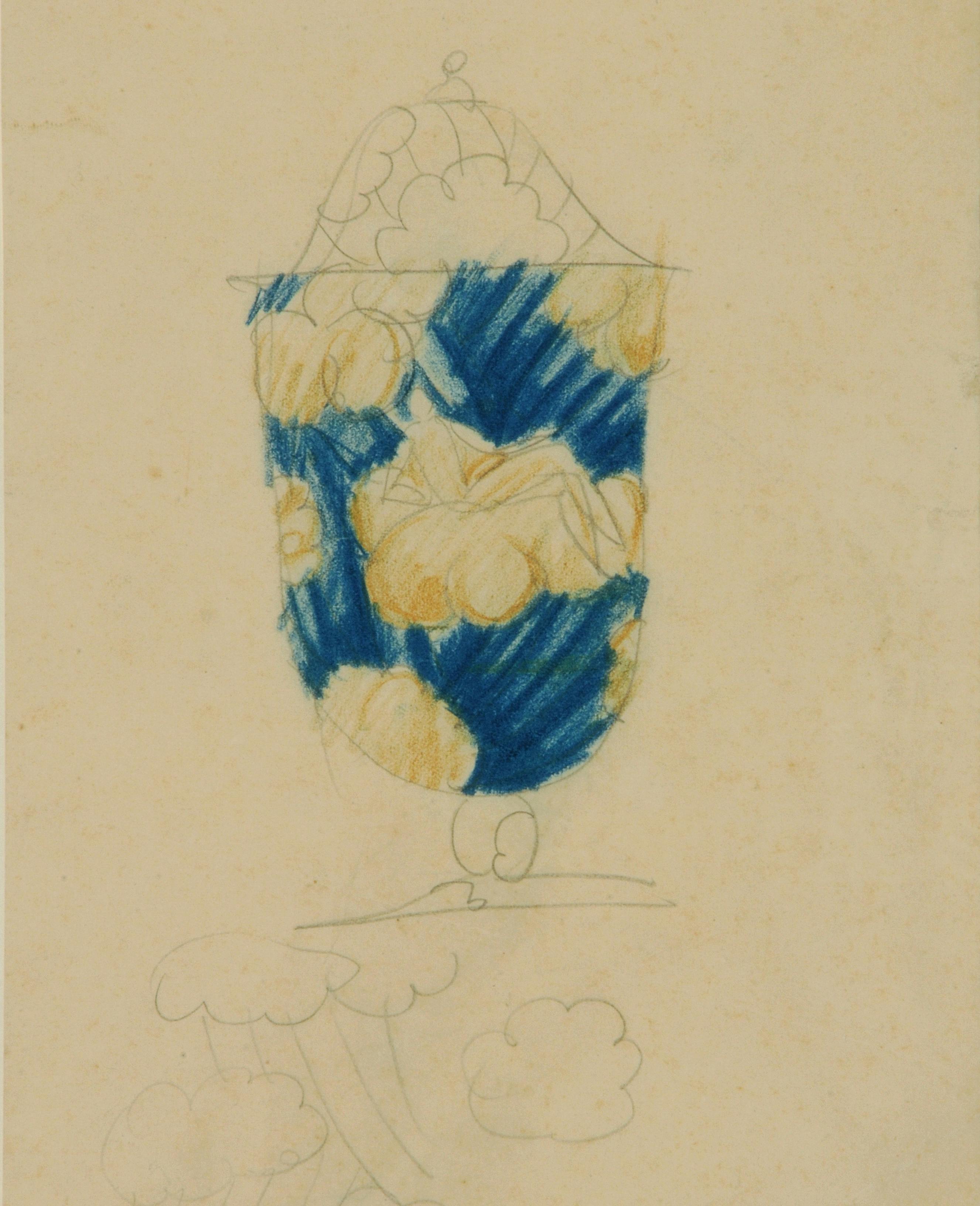 disegno a matita di vaso con decoro in blu e oro con figure di donne su nuvole