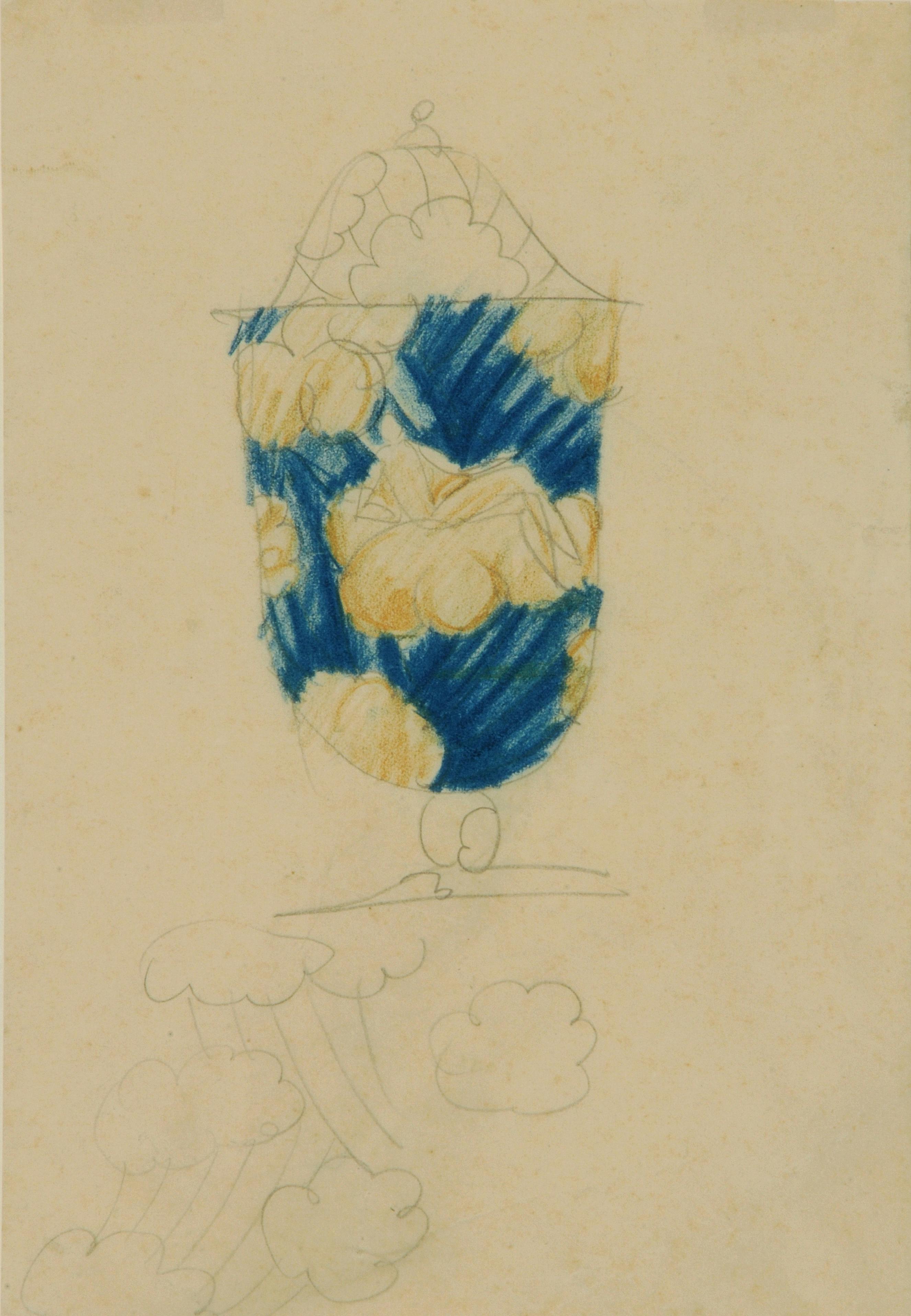 disegno a matita di vaso con decoro in blu e oro con figure di donne su nuvole