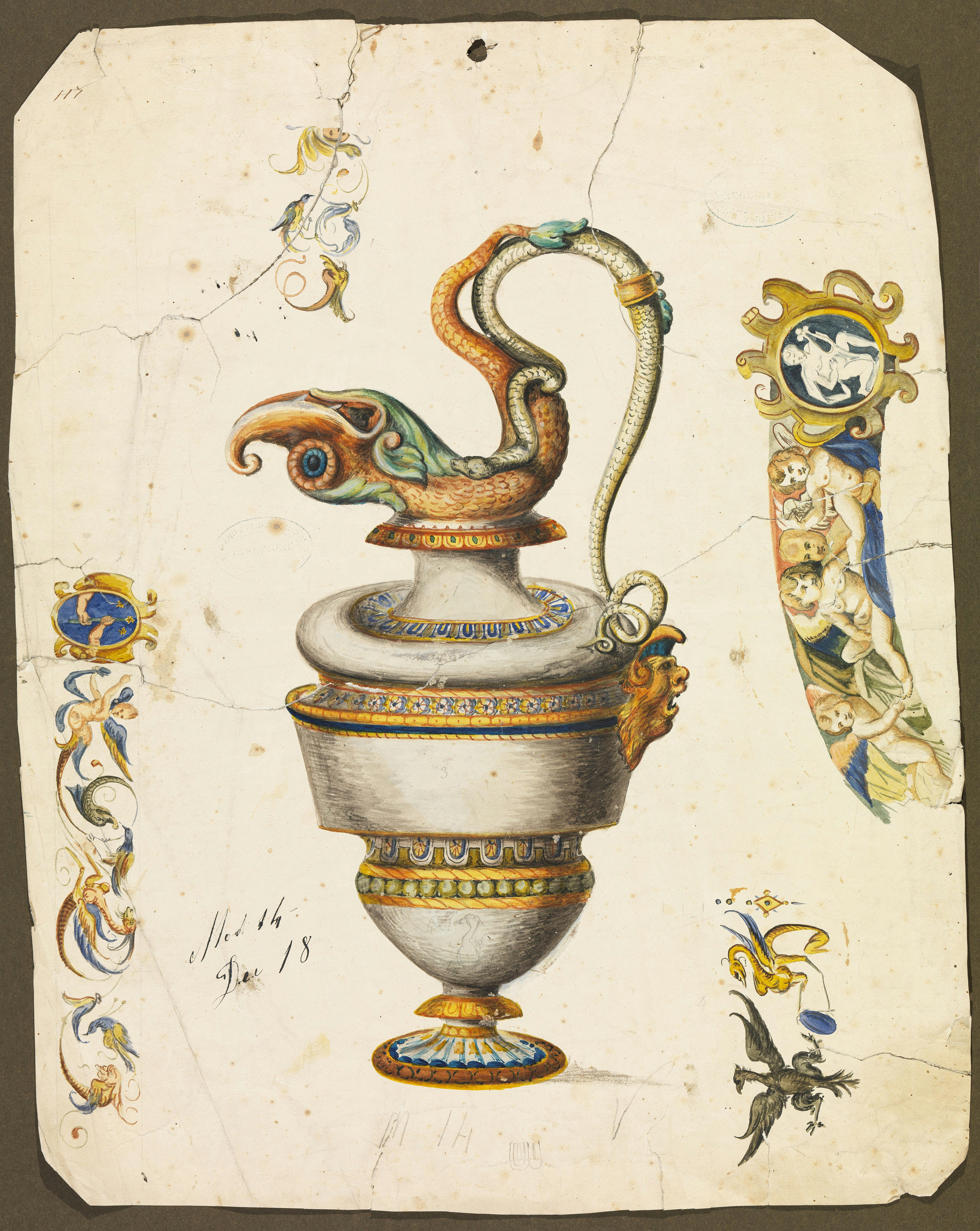 disegno colorato di vaso con ansa formata da due serpi e un pesce