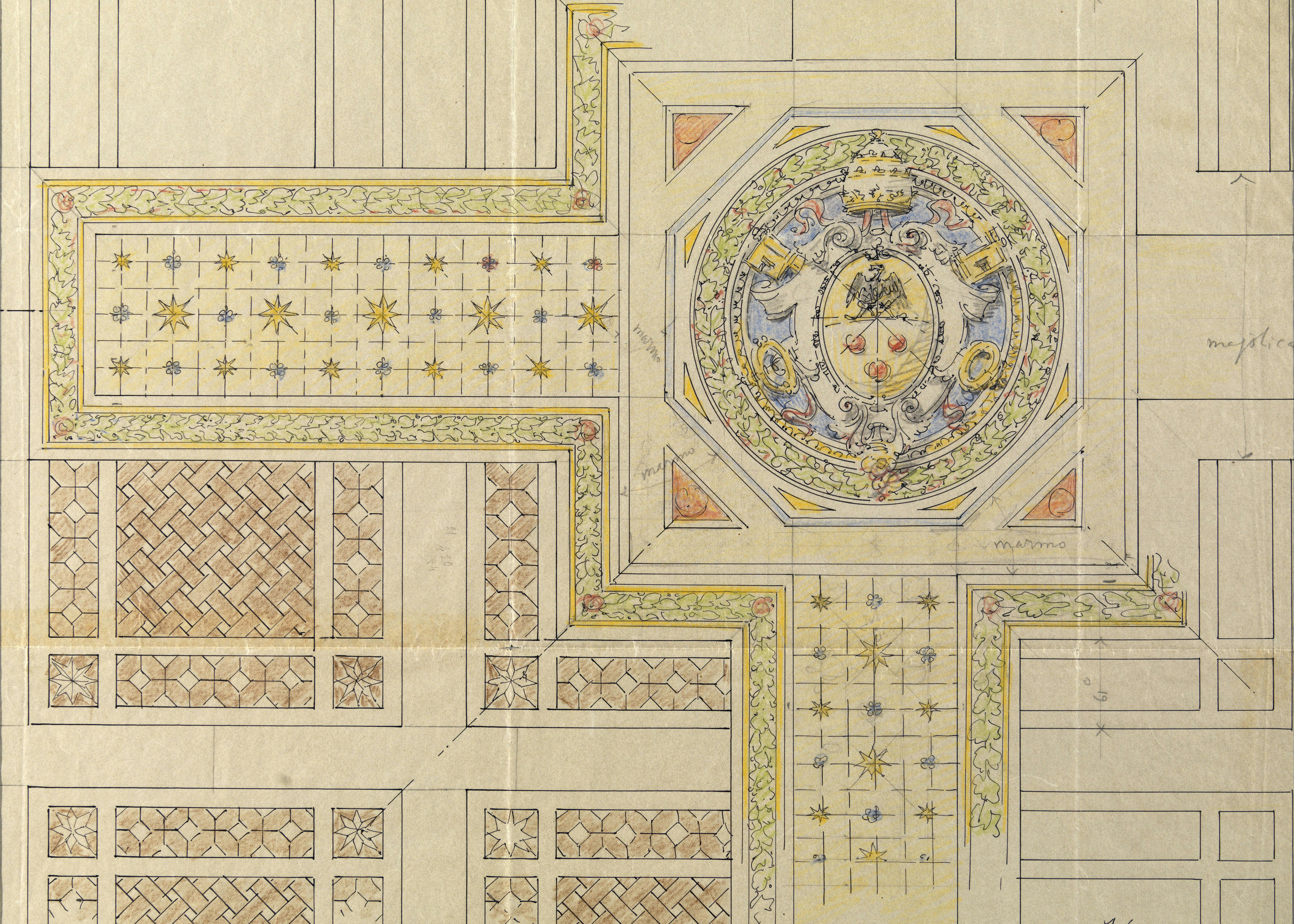 Il disegno raffigura una porzione di pavimento con un grande stemma papale