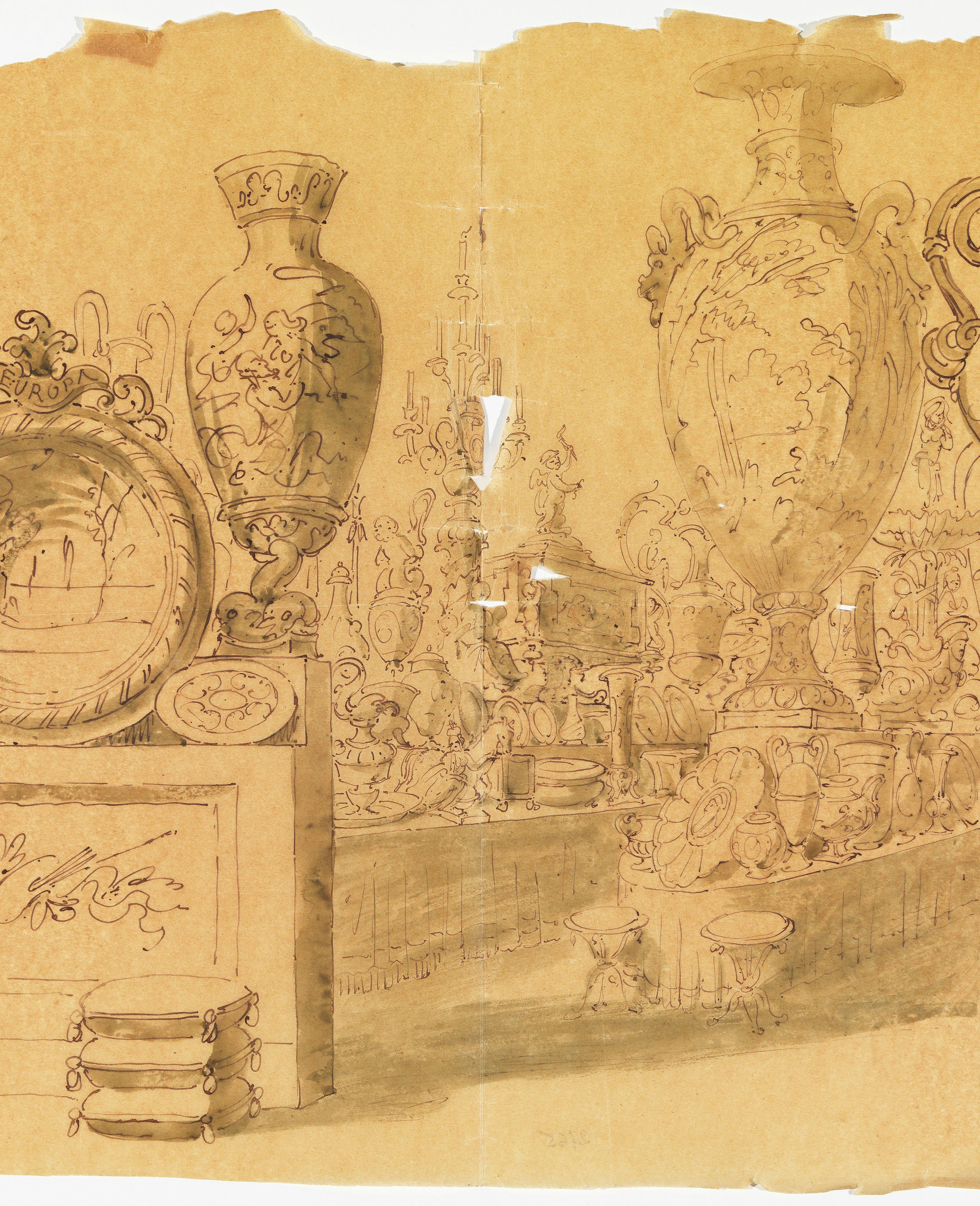 Disegno  che raffigura una composizione di vasi, fontane e bacili