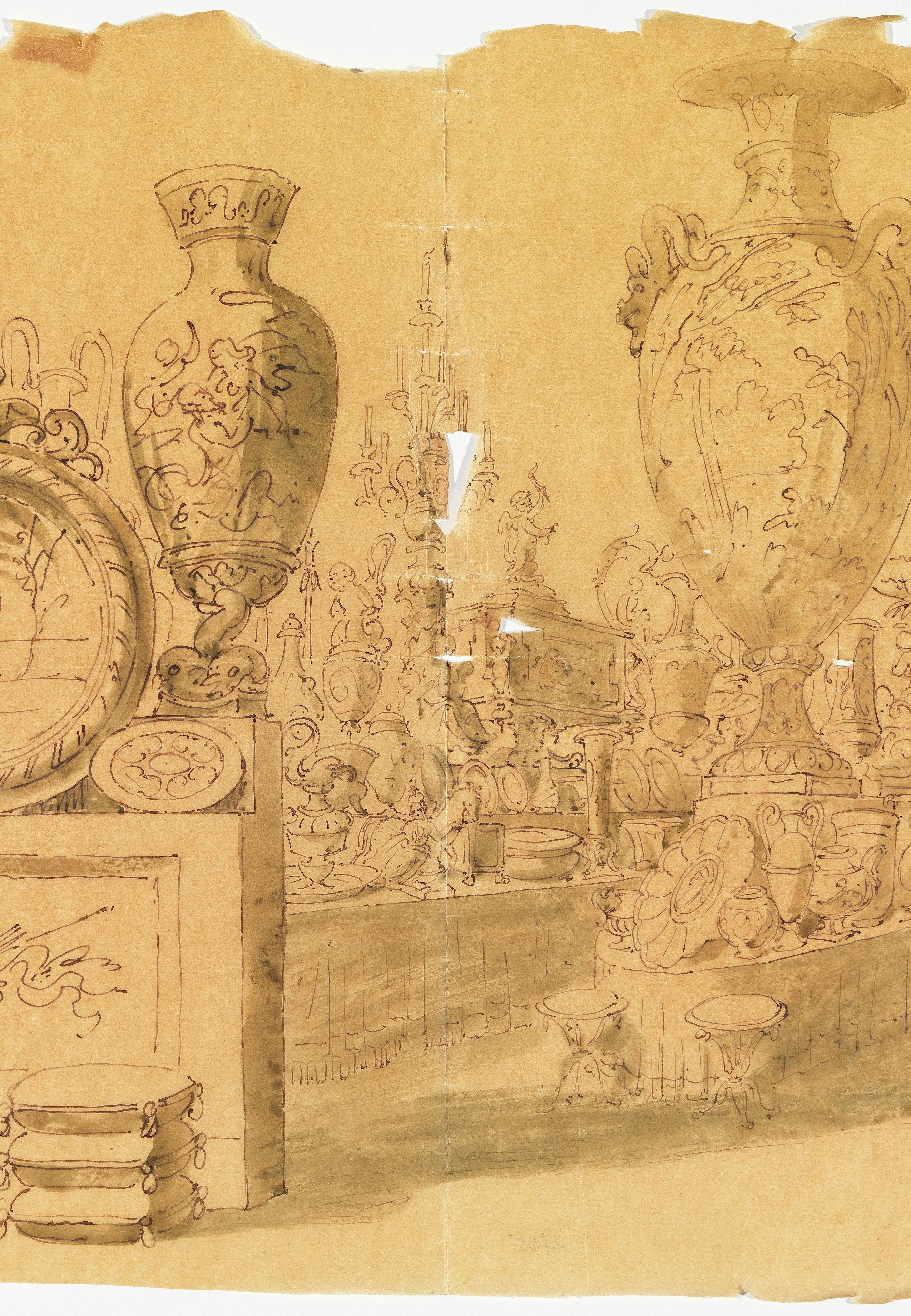 Disegno  che raffigura una composizione di vasi, fontane e bacili