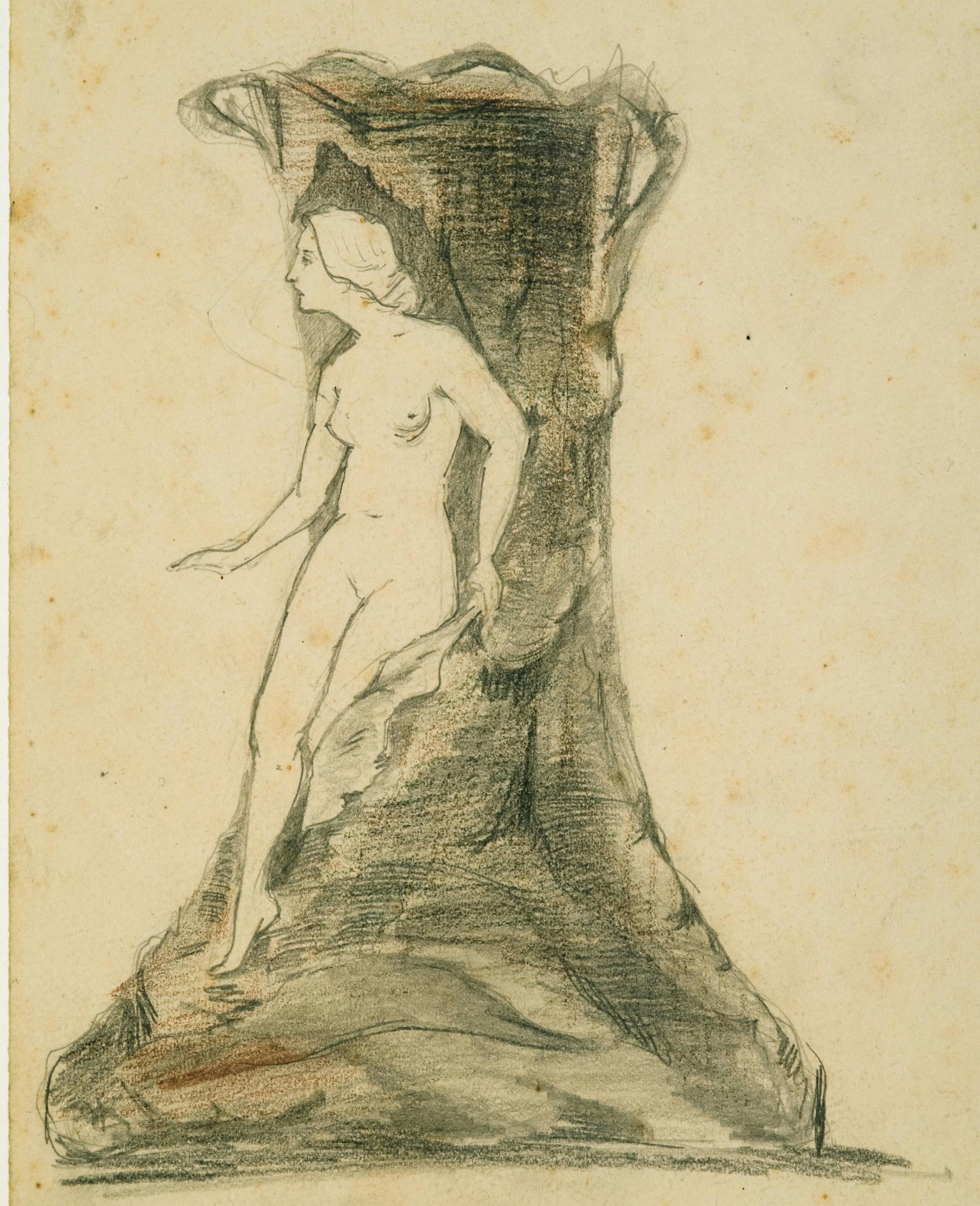 Disegno a matita con una figura femminile nuda che esce da un tronco di albero