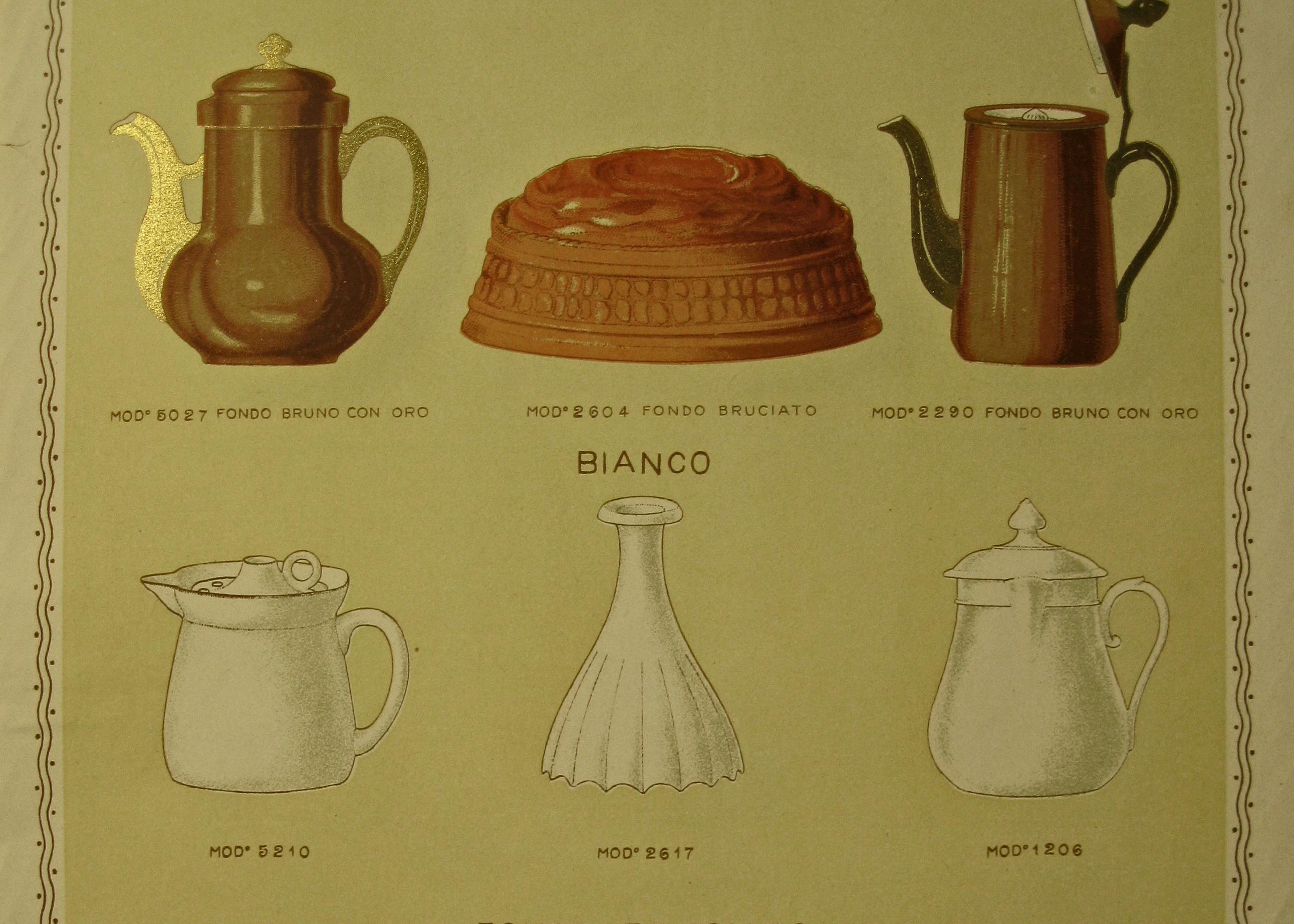 Tavola illustrata raffiugurante quattordici oggetti per la cottura dei cibi realizzati in porcellana pirofila. Gli oggetti sono di diverse forme e dimensioni.