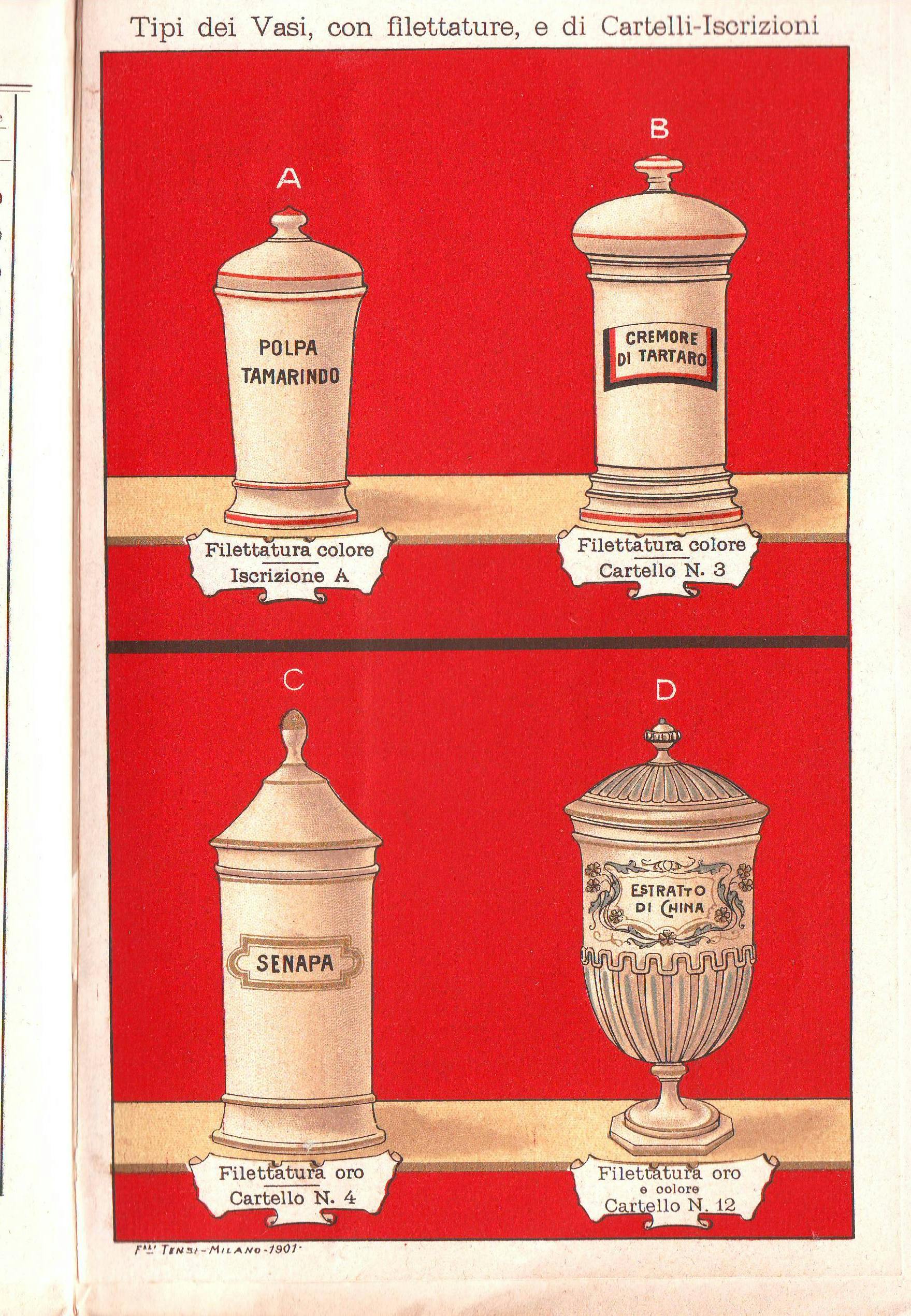 Due pagine di catalogo raffiguranti quattro diverse tipologie di vasi da farmacia con coperchio, con esempi di differenti filettature e iscrizioni