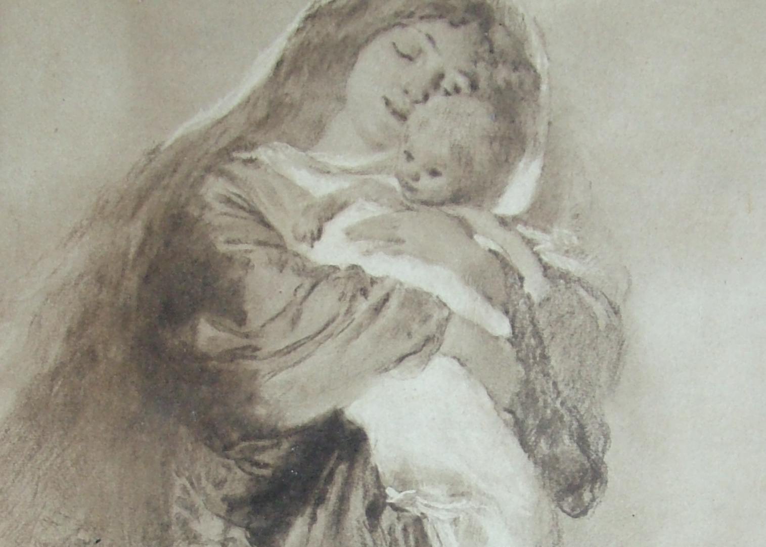 La fotografia in bianco e nero ritrae un quadro di Morelli con Madonna e bambino