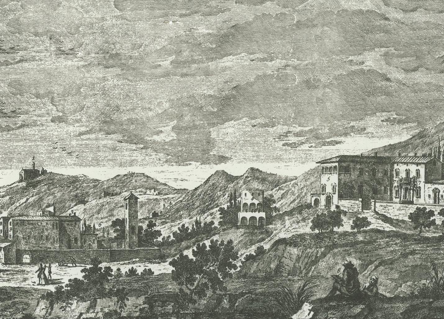 Veduta del paesaggio di Doccia nel '700: a destra una casa e una chiesa, a sinistra una grande villa sulle pendici della collina