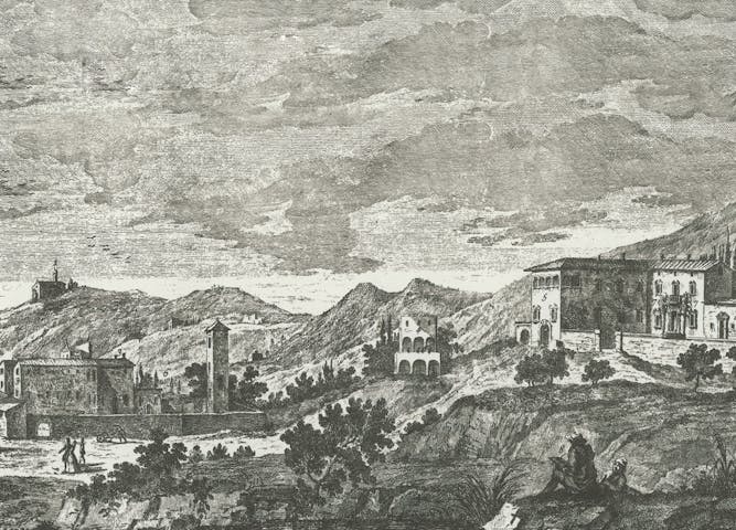 Veduta del paesaggio di Doccia nel '700: a destra una casa e una chiesa, a sinistra una grande villa sulle pendici della collina
