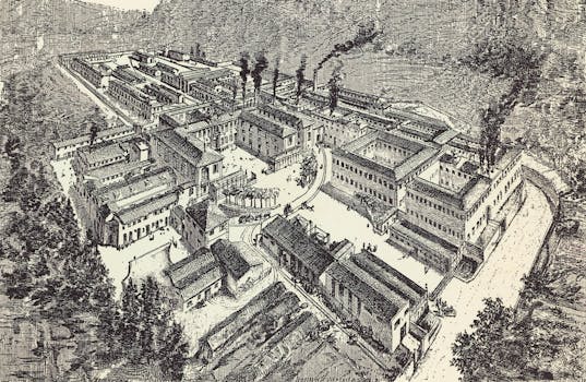 La litografia mostra i molti edifici della manifattura, con ciminiere che emettono fumi