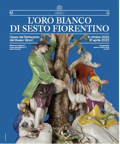 Manifesto pubblicitario della mostra con al centro una scultura policroma in porcellana