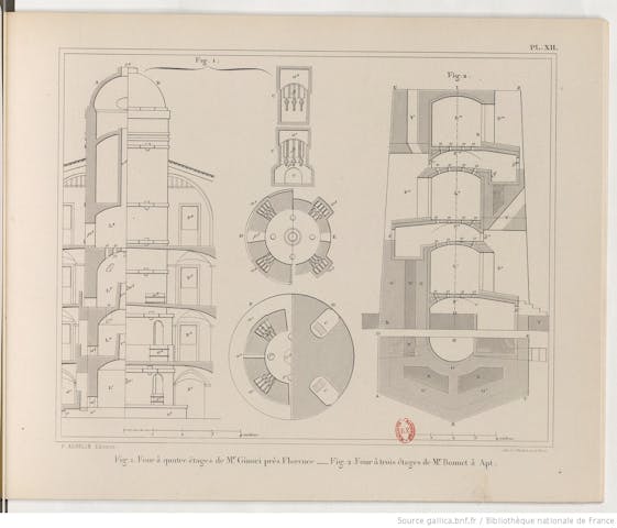 Disegno del forno a quattro piani, con sezioni verticali e orizzontali