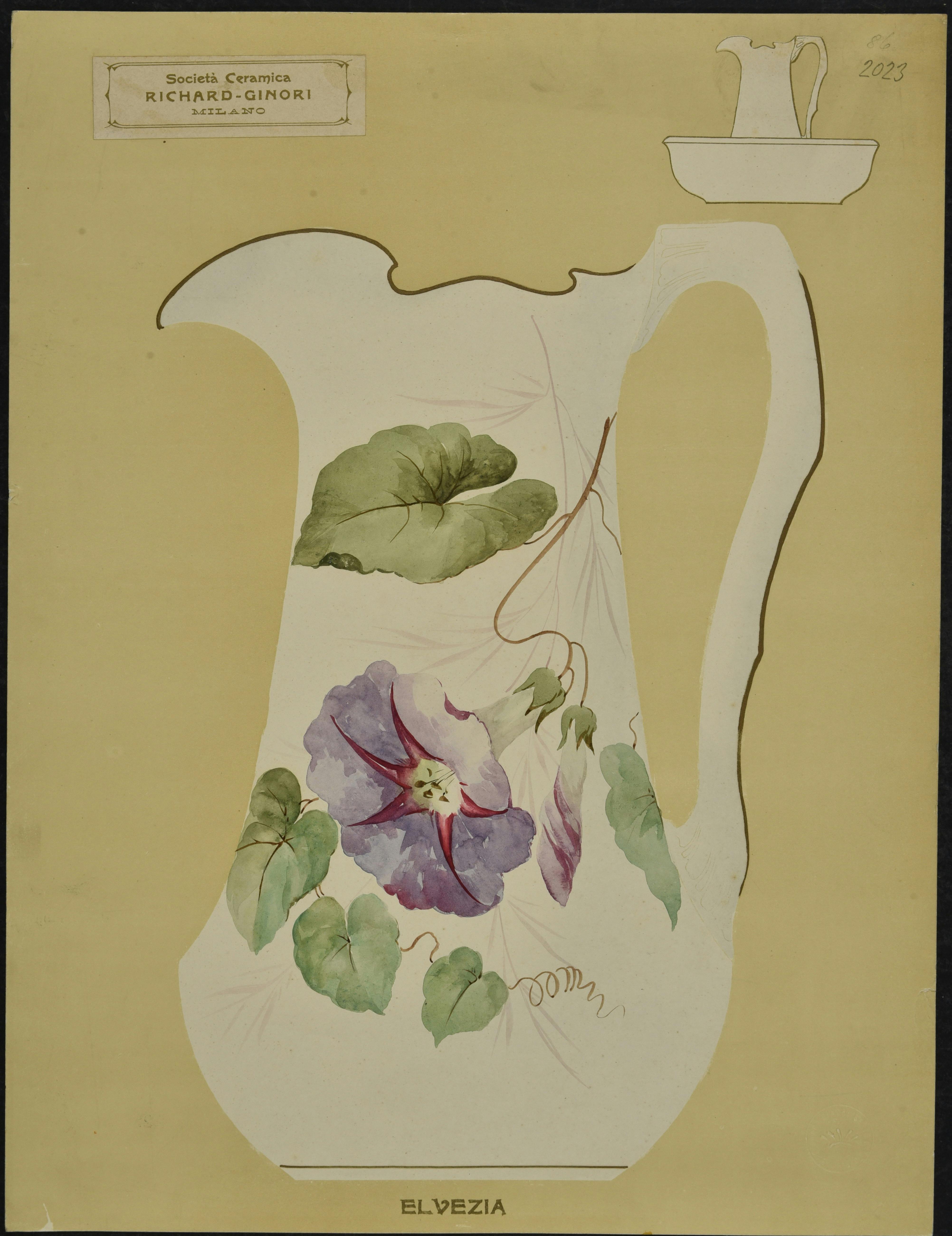 Pagina di catalogo con la sagoma bianca di un vaso decorata con fiori e foglie colorati