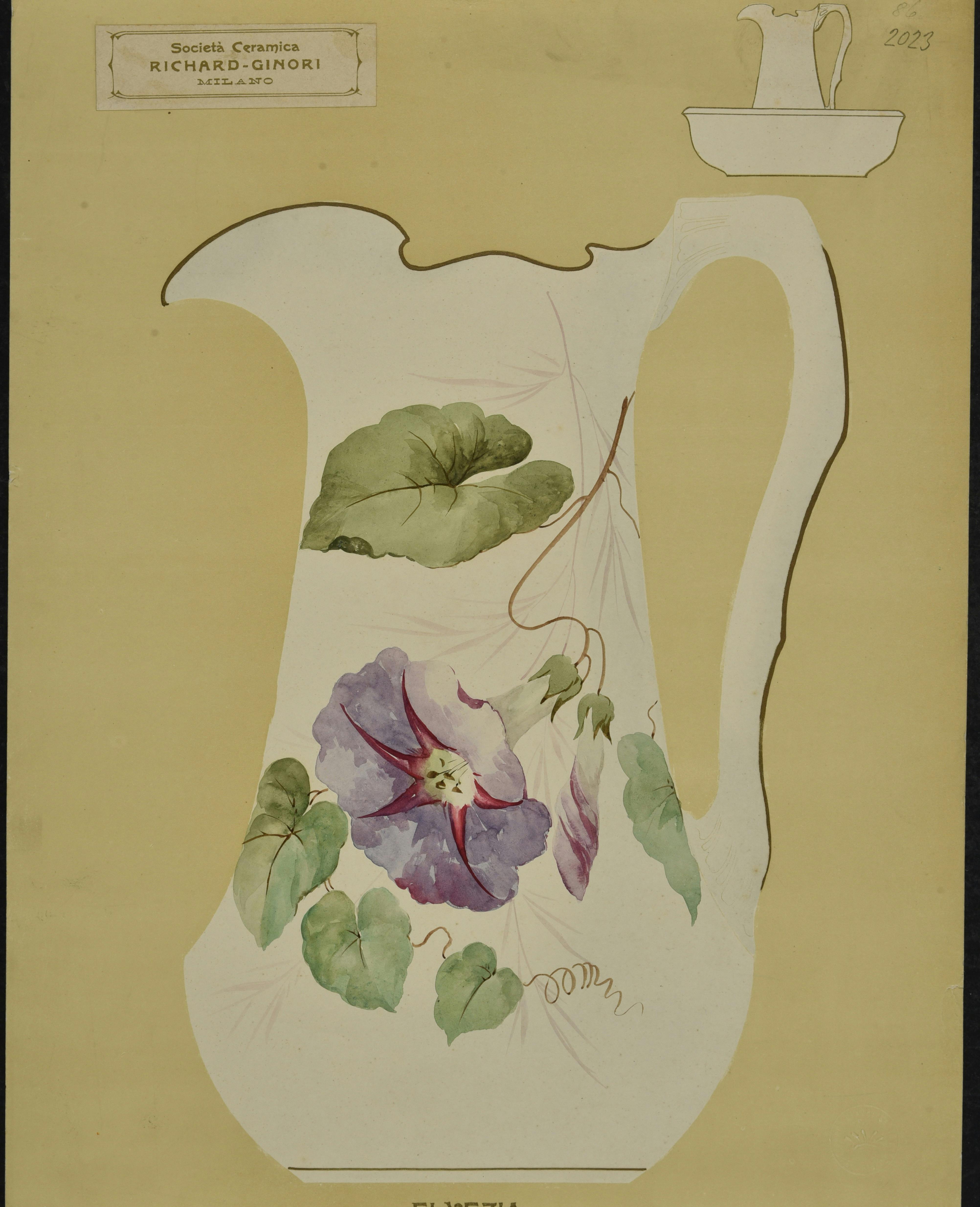 Pagina di catalogo con la sagoma bianca di un vaso decorata con fiori e foglie colorati