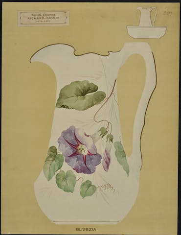 Pagina di catalogo con la sagoma bianca di un vaso decorata con fiori e foglie colorati