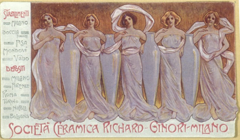Locandina in stile Liberty con quattro figure femminili alternate a 4 grandi vasi