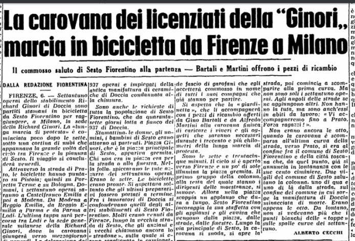 Articolo di giornale in bianco e nero. Il titolo recita "La carovana dei licenziati della Ginori" marcia in bicicletta da Firenze a Milano