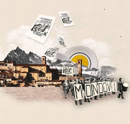 Collage con lavoratori che protestano. Sullo sfondo un paesaggio montano con un piatto a mo' di sole