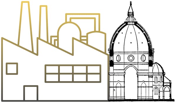 Il logo del ciclo di incontri, con una fabbrica a sinistra e la cupola del Duomo di Firenze a destra