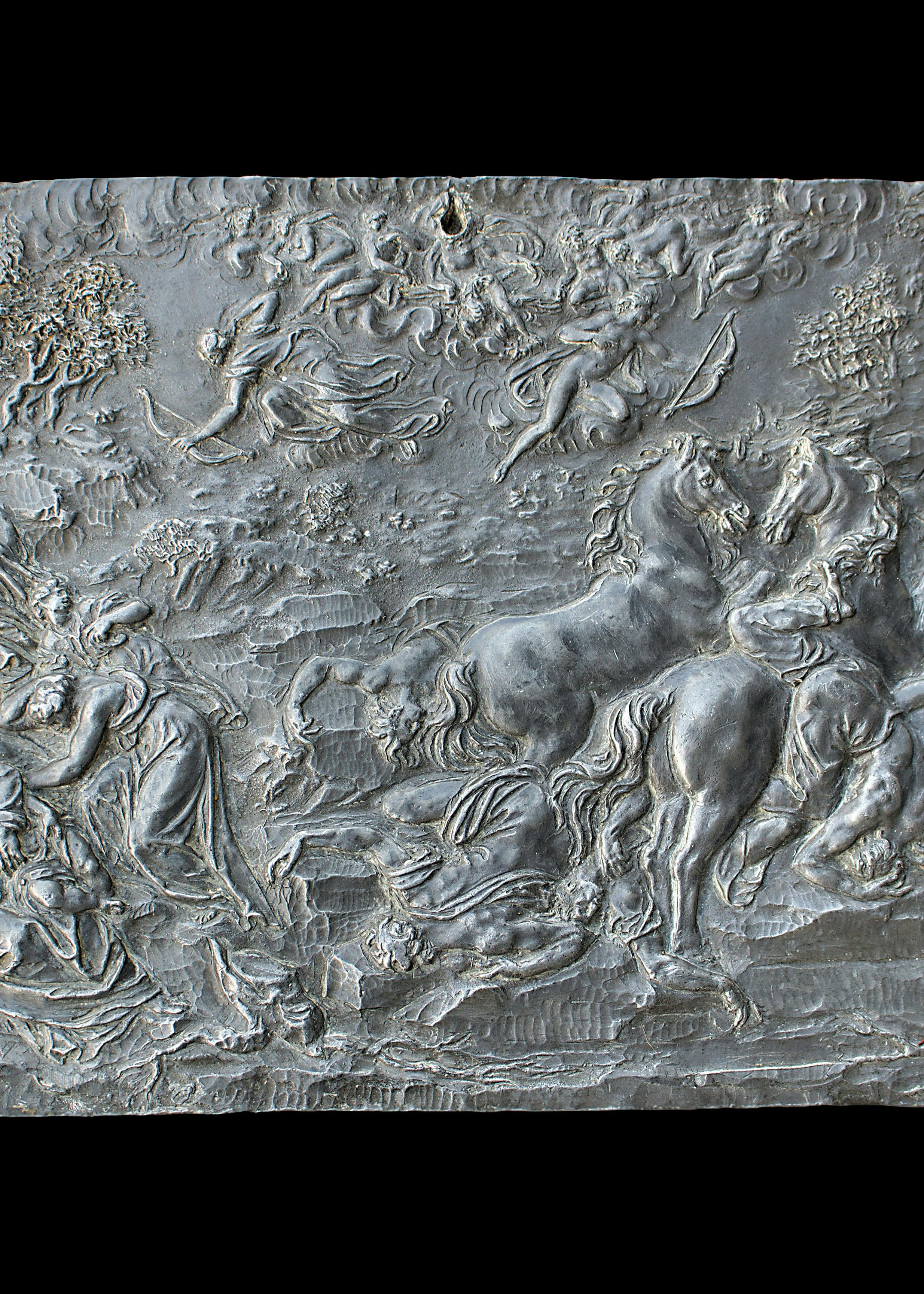 Scena di battaglia con figure umane, cavalli, alberi ed elementi architettonici