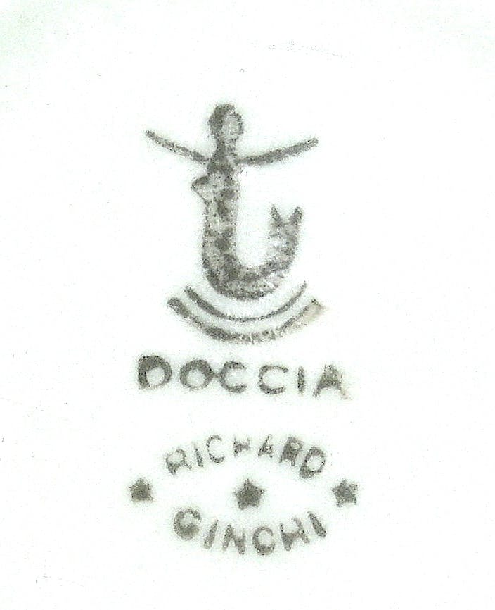 Sirena stilizzata con sotto la scritta Doccia e il timbro Richard Ginori con tre stelle