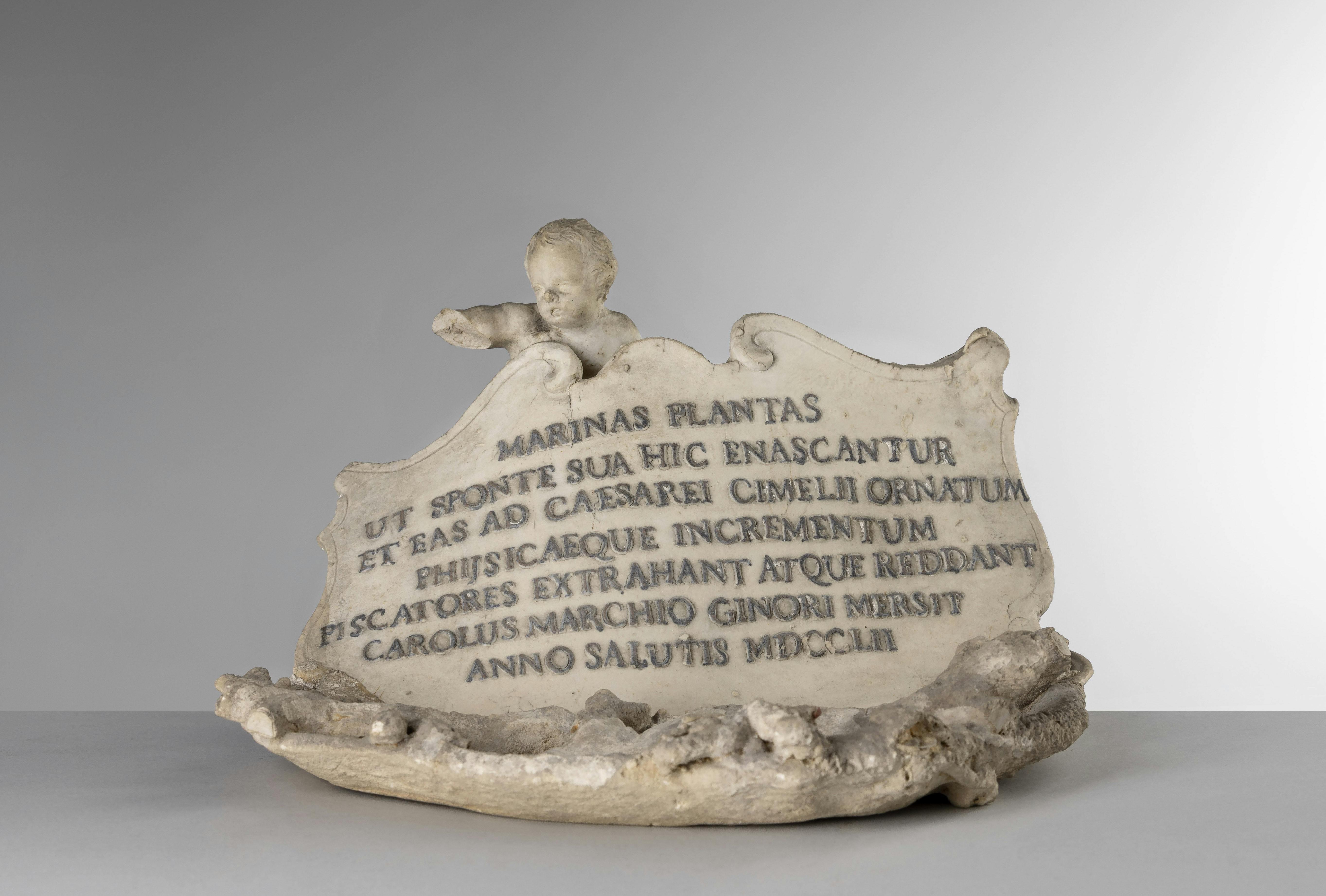 Scultura in pocellana bianca con putto nascosto dietro un cartiglio con iscrizione in latino