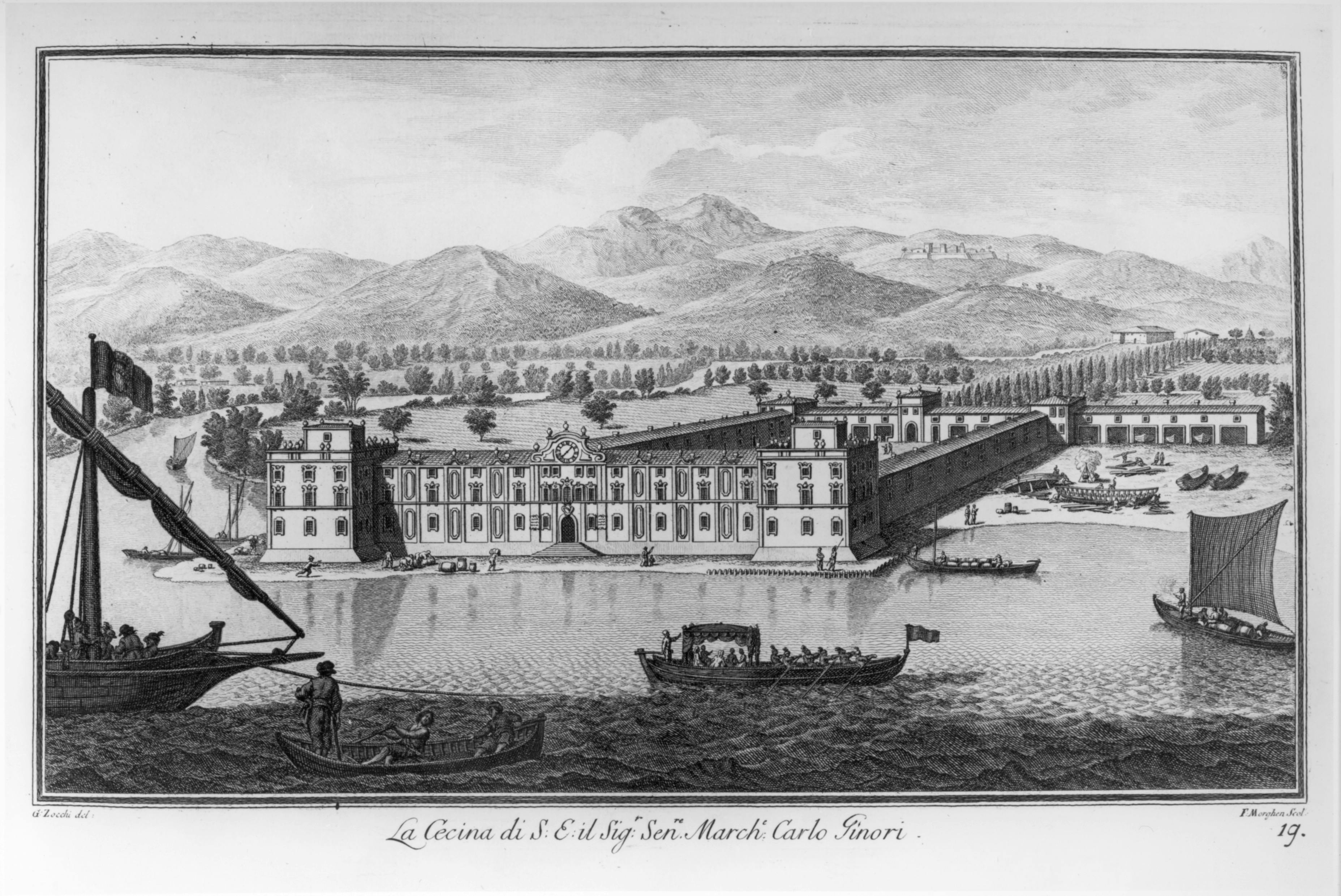 Illustrazione della Colonia della Cecina vista dal mare, con in primo piano le barche per la pesca dei coralli