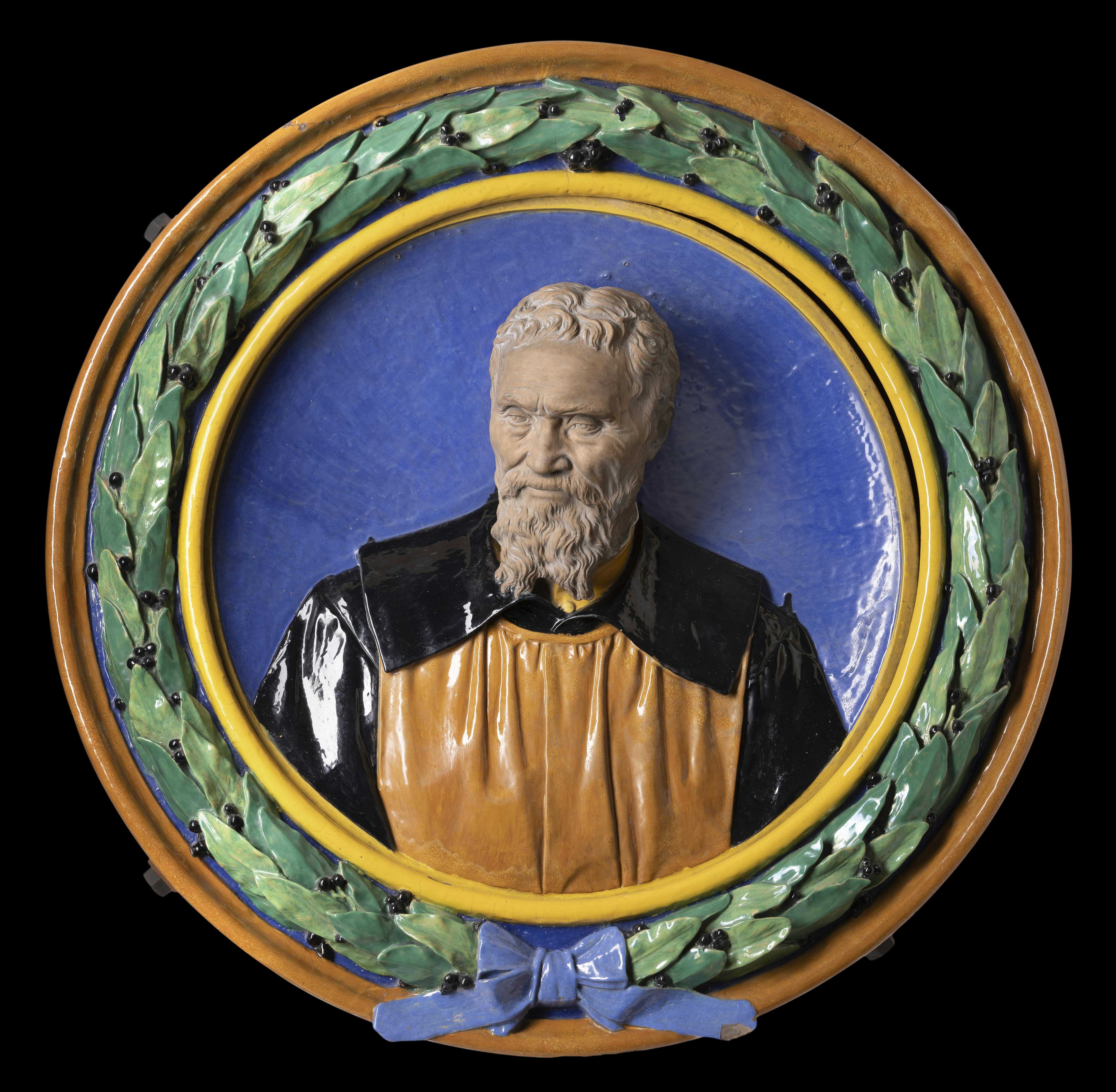Tondo con foglie di alloro e all'interno busto policromo di figura maschile