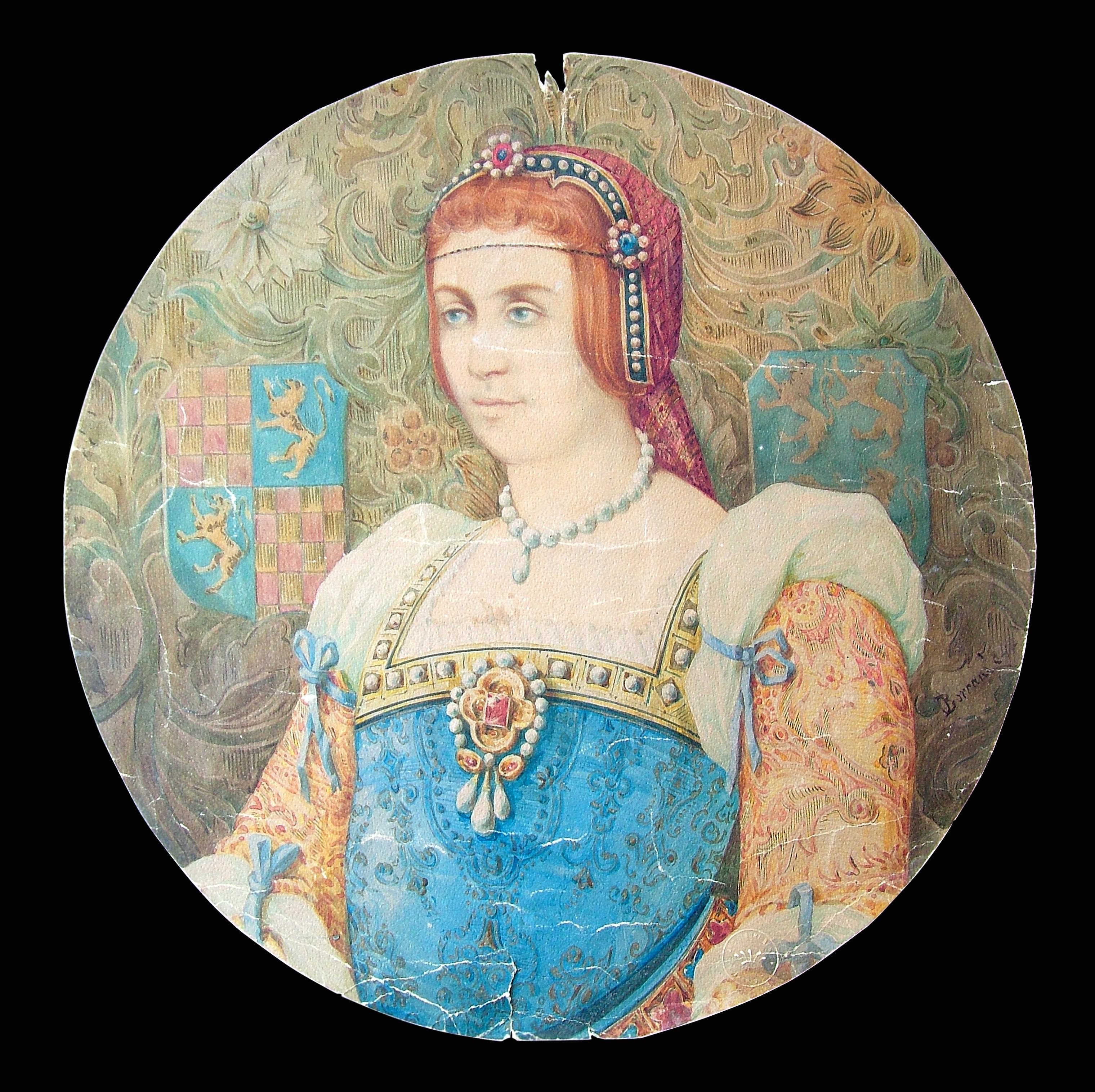 Dipinto che ritrae una donna in abiti principeschi, con stemmi sullo sfondo