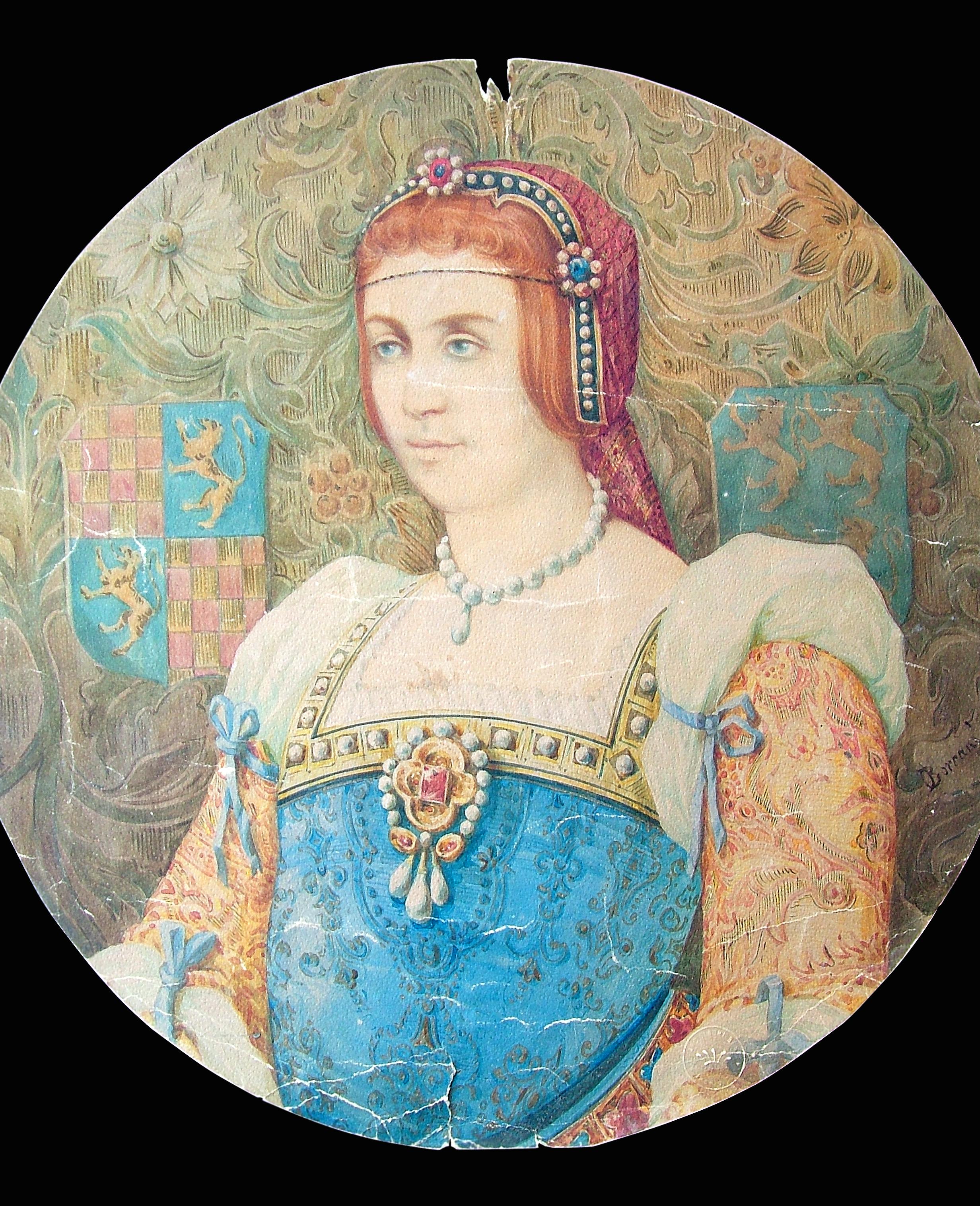 Dipinto che ritrae una donna in abiti principeschi, con stemmi sullo sfondo