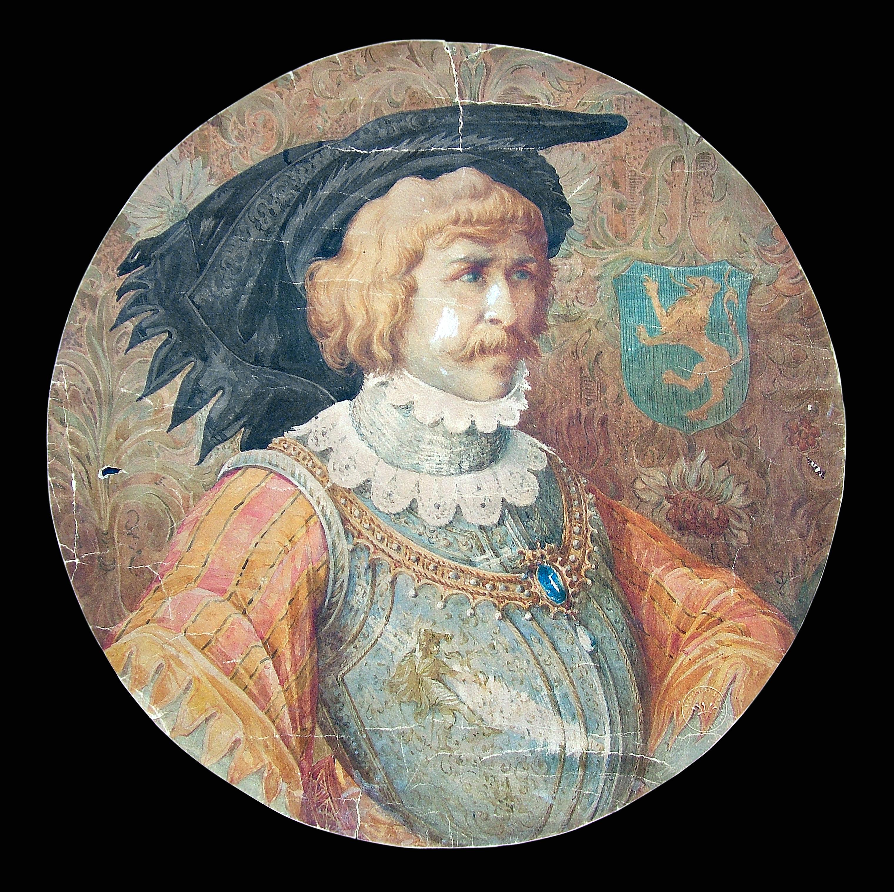Dipinto con busto di nobil uomo con cappello e stemma sullo sfondo