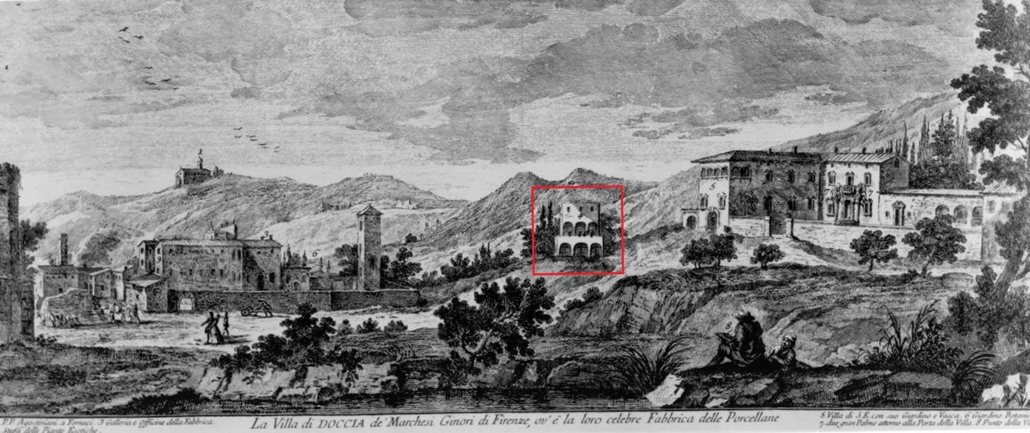 veduta della villa Ginori e della Manifattura di Doccia. In mezzo è rappresentata la grande serra fatta costruire da Carlo Ginori