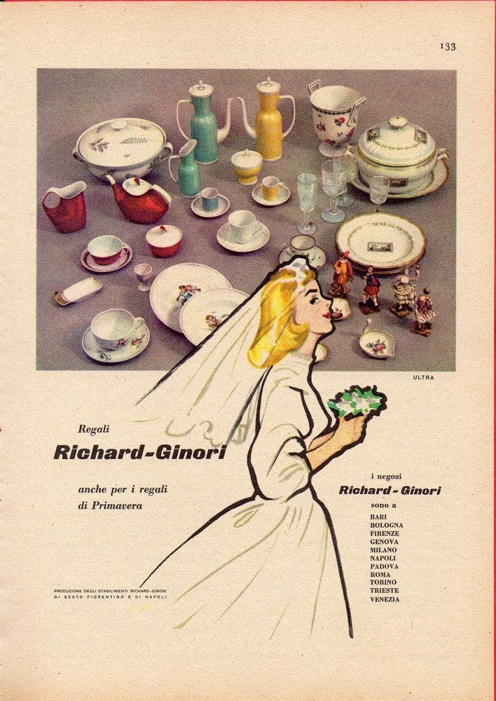 pagina pubblicitaria con sposa in primo piano e stoviglie in porcellana sullo sfondo