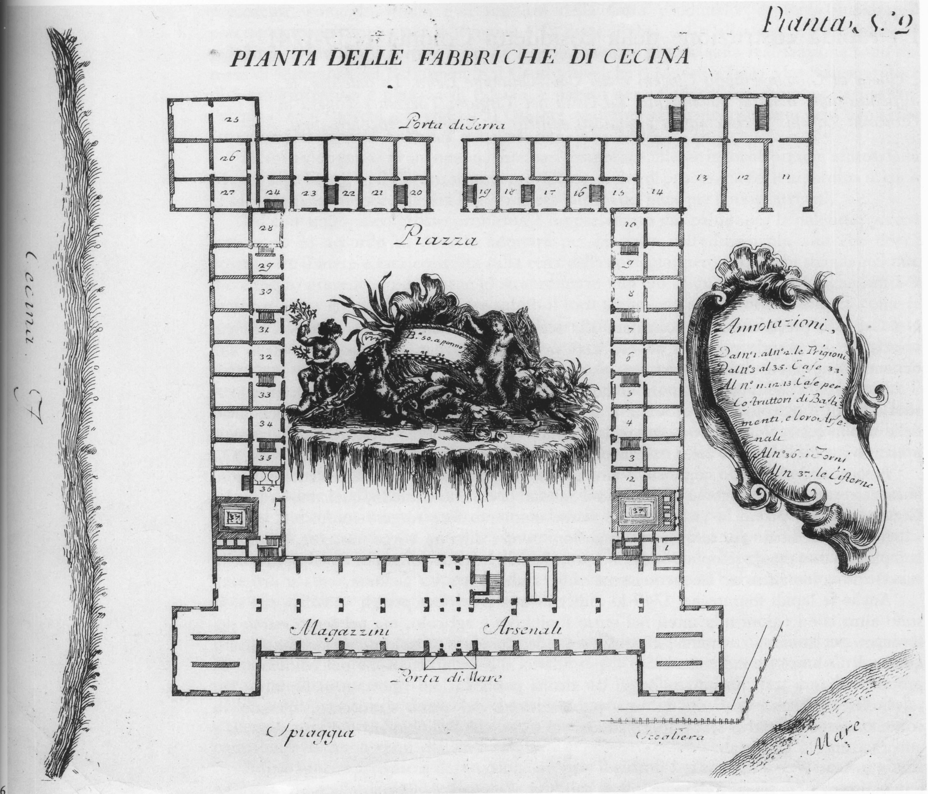 Pianta in bianco e nero degli edifici della colonia