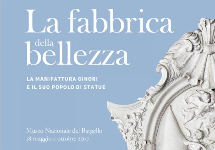 Locandina della mostra. Accanto al titolo un dettaglio di un camino monumentale in porcellana