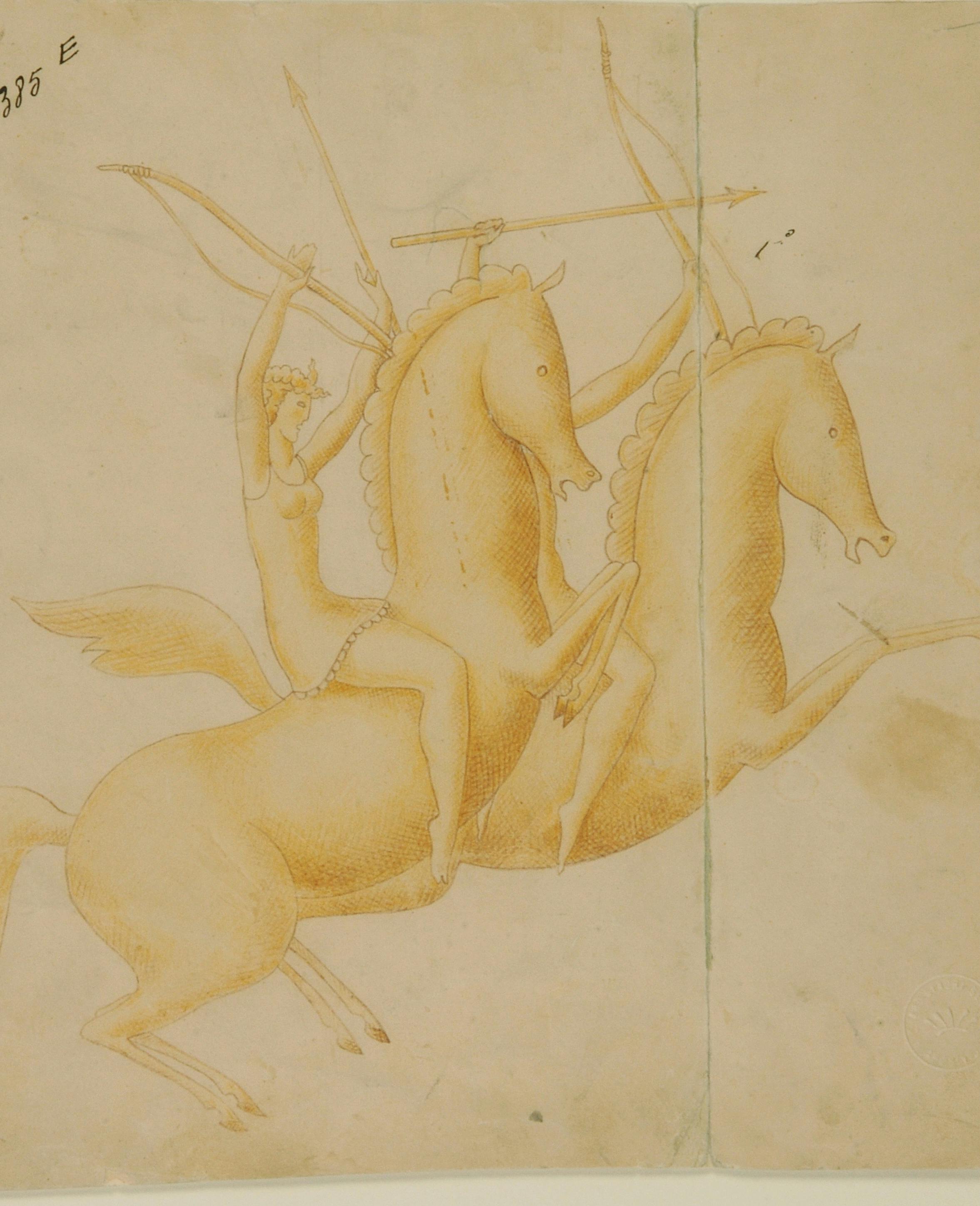 Disegno di due cavalli montati da due figure femminili armate d'arco, una delle quali solo parzialmente visibile