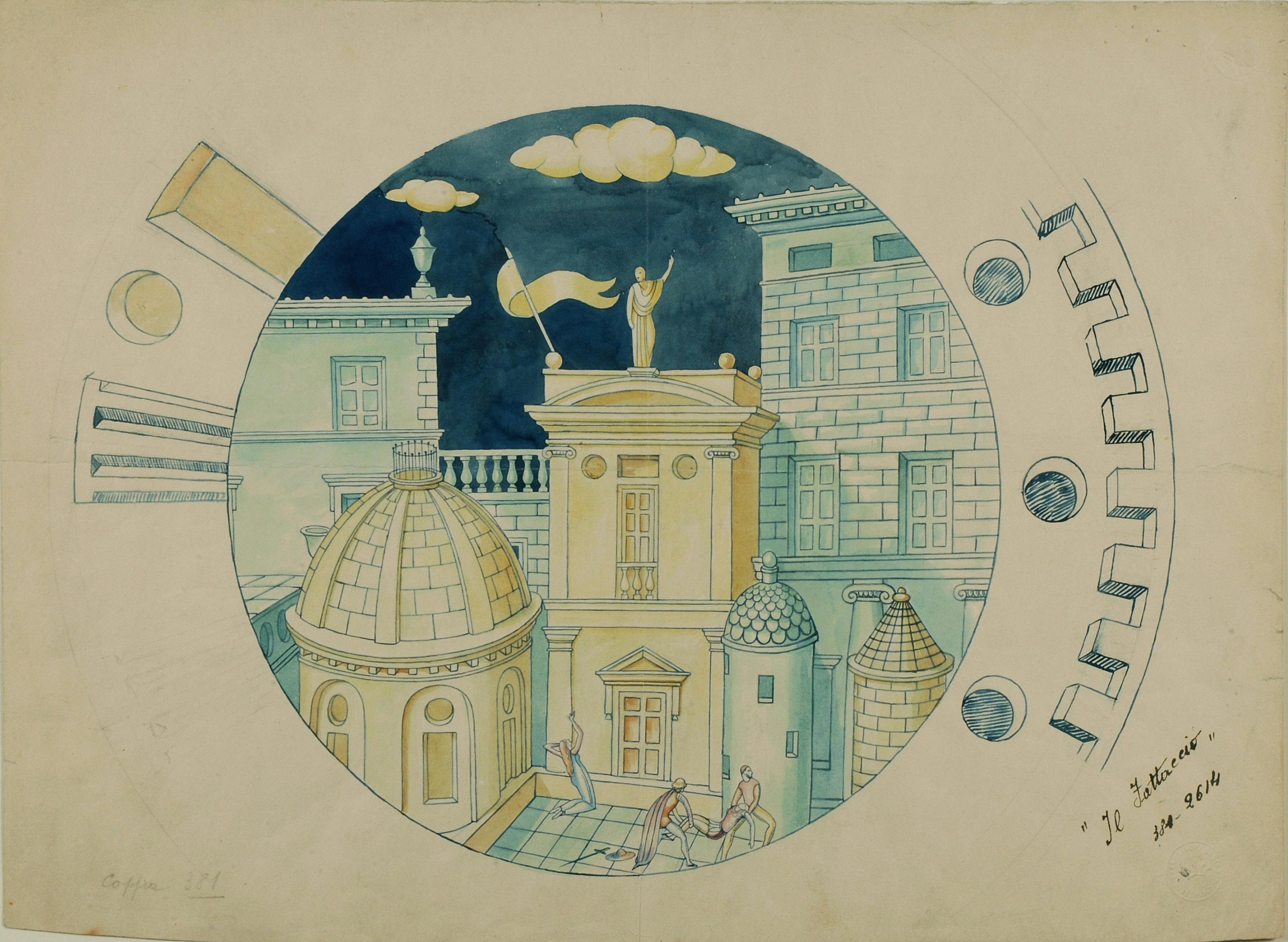 Disegno a colori di palazzi e architetture iscritti in un cerchio