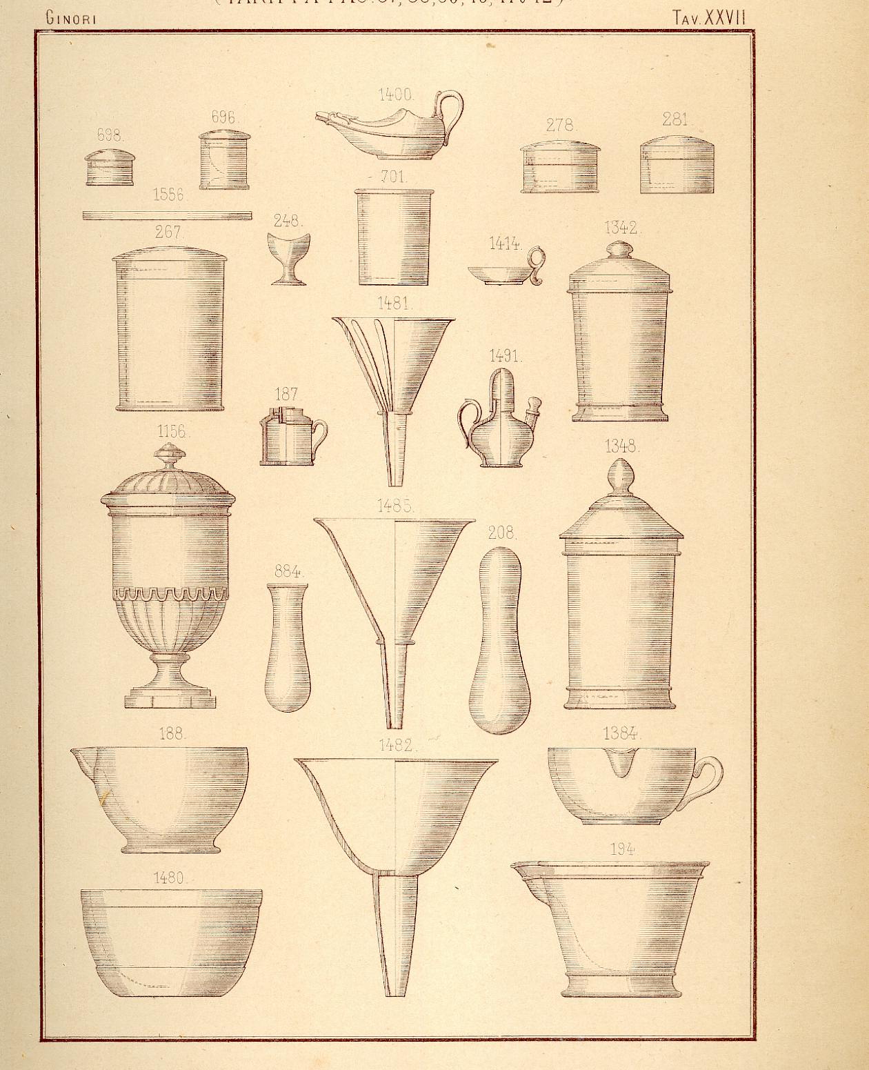 Pagina in bianco e nero con immagini di diversi modelli di manufatti in porcellana