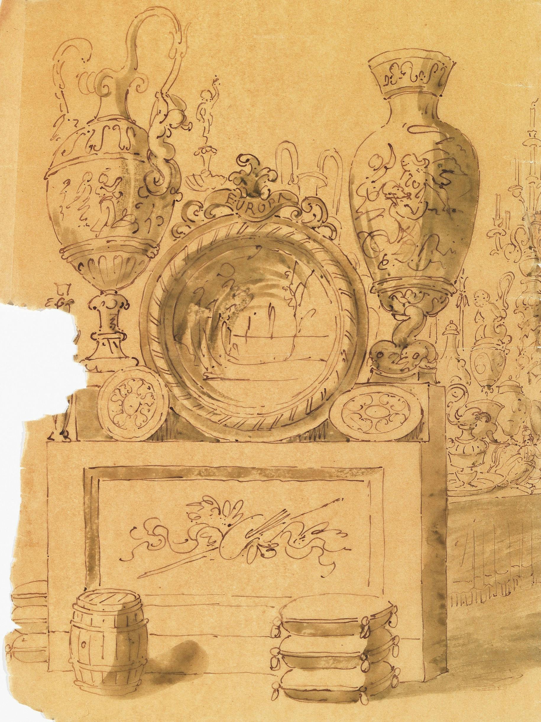 Illustrazione di un particolare dell'esposizione di vasi e manufatti Ginori all'Esposizione del 1873