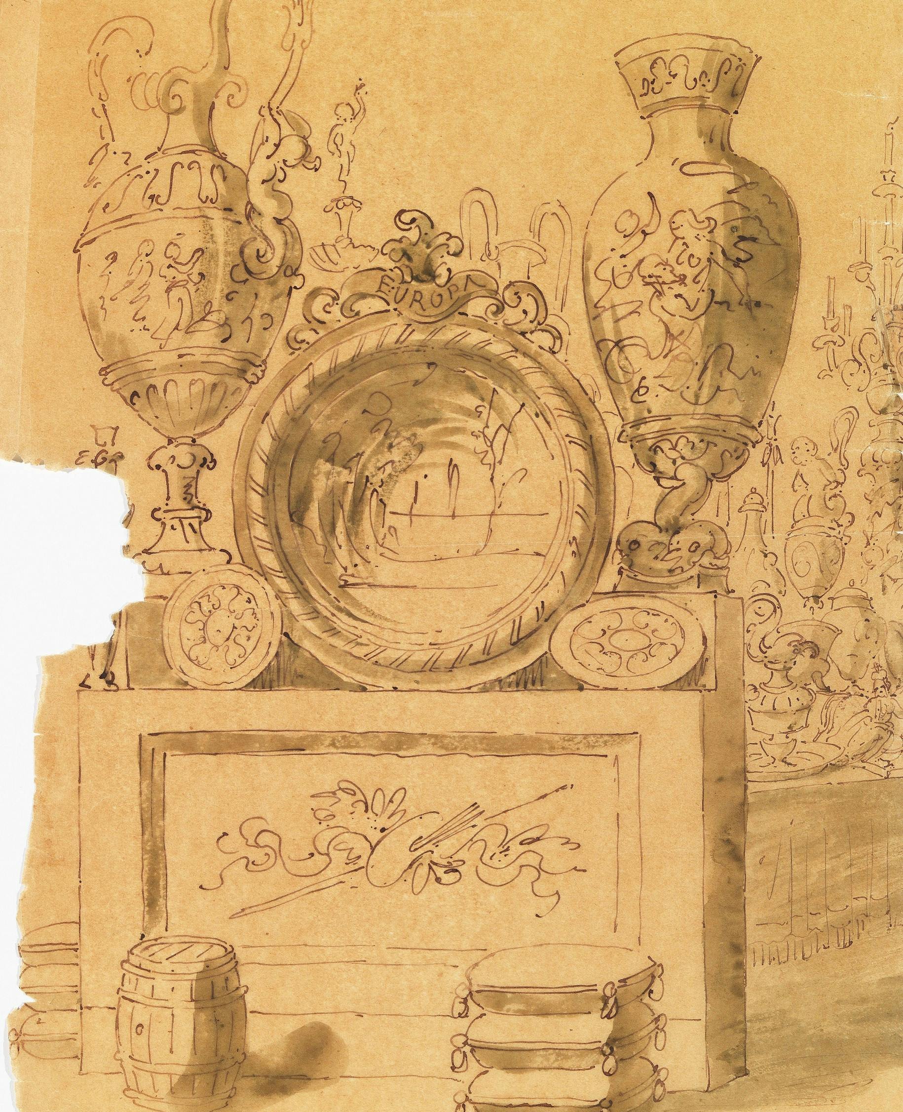Illustrazione di un particolare dell'esposizione di vasi e manufatti Ginori all'Esposizione del 1873