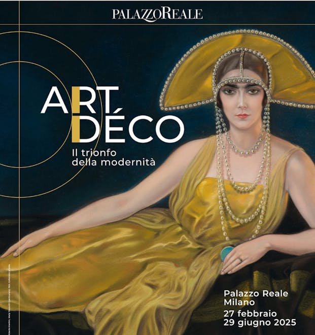 Manifesto della mostra con donna con abito giallo in stile Art Déco